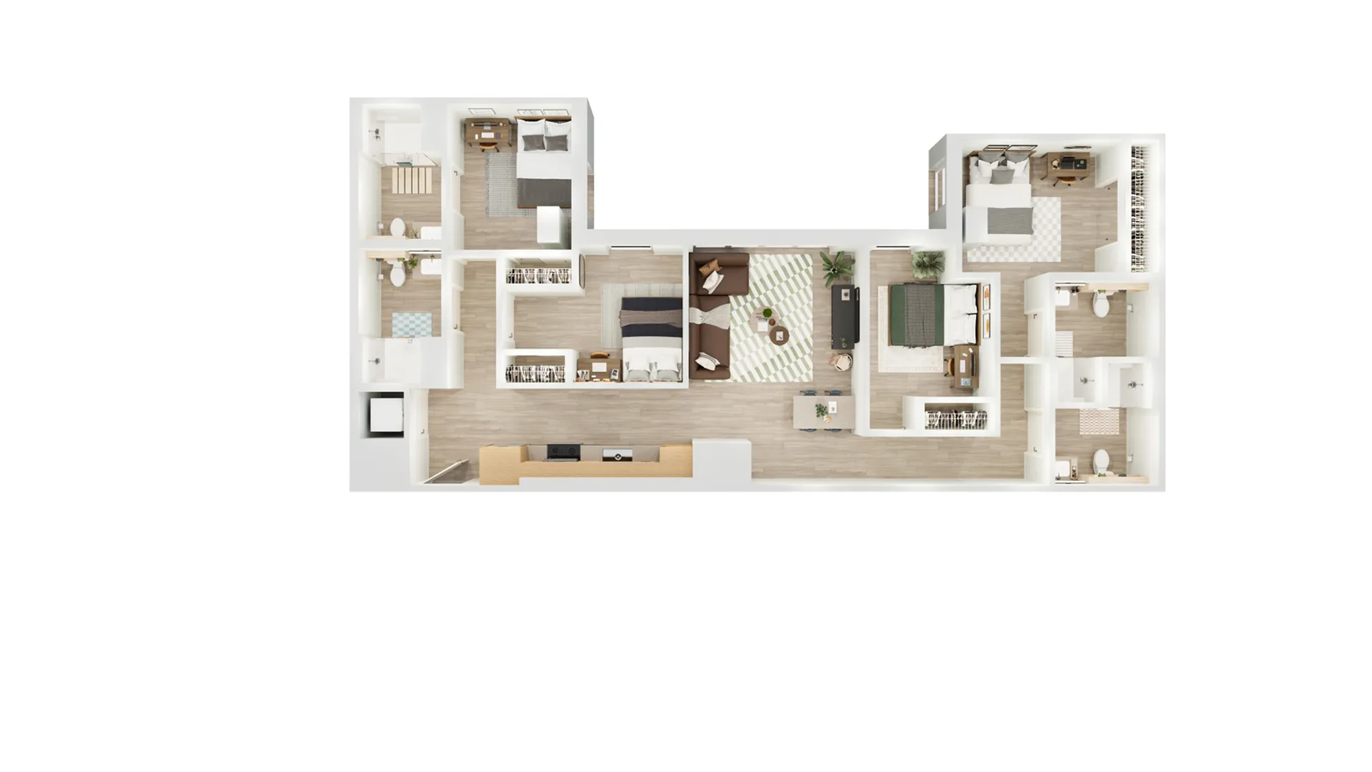 Elegant 3D floor plan featuring 3 bedrooms, spacious living area, 2 modern bathrooms, sleek kitchen, and adjoining dining space.