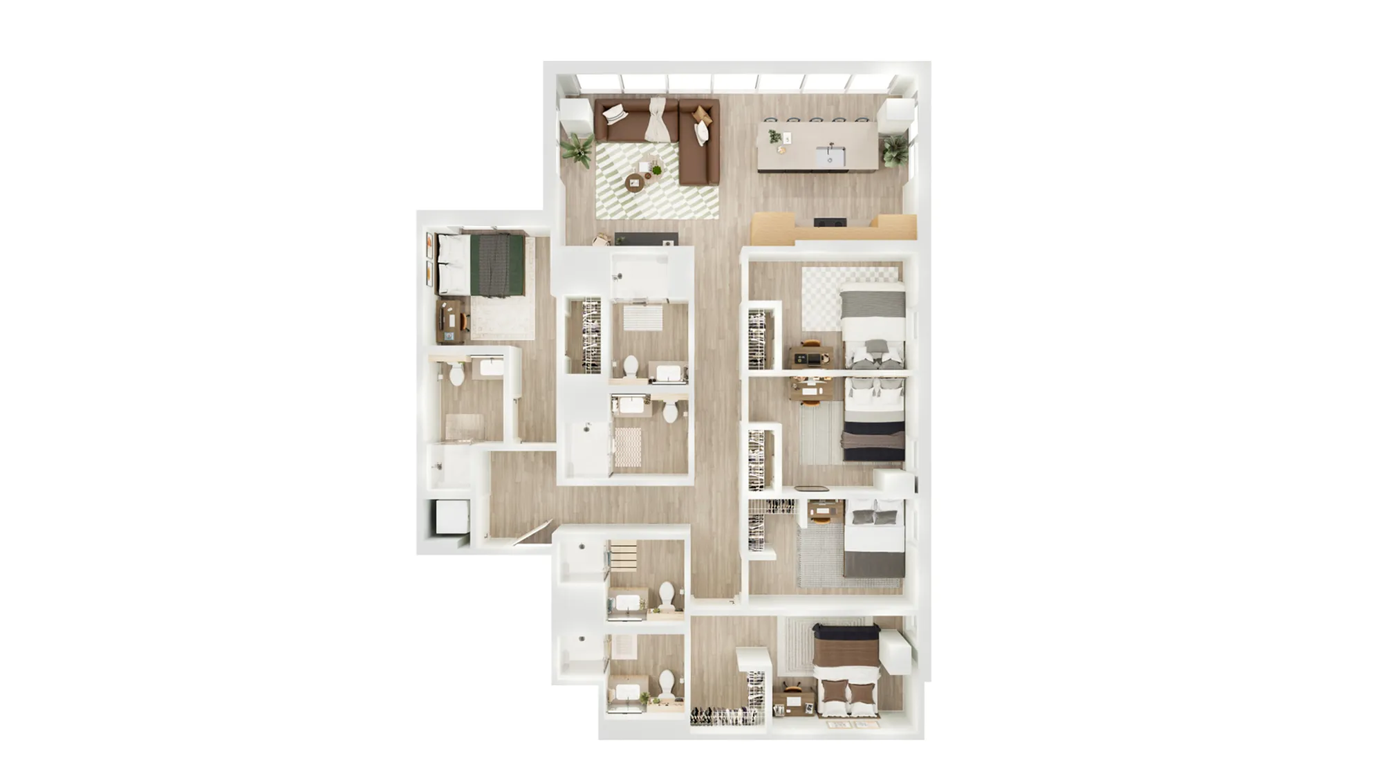 Elegant floor plan showcasing four spacious bedrooms, three modern bathrooms, and an inviting open-concept living and dining area.