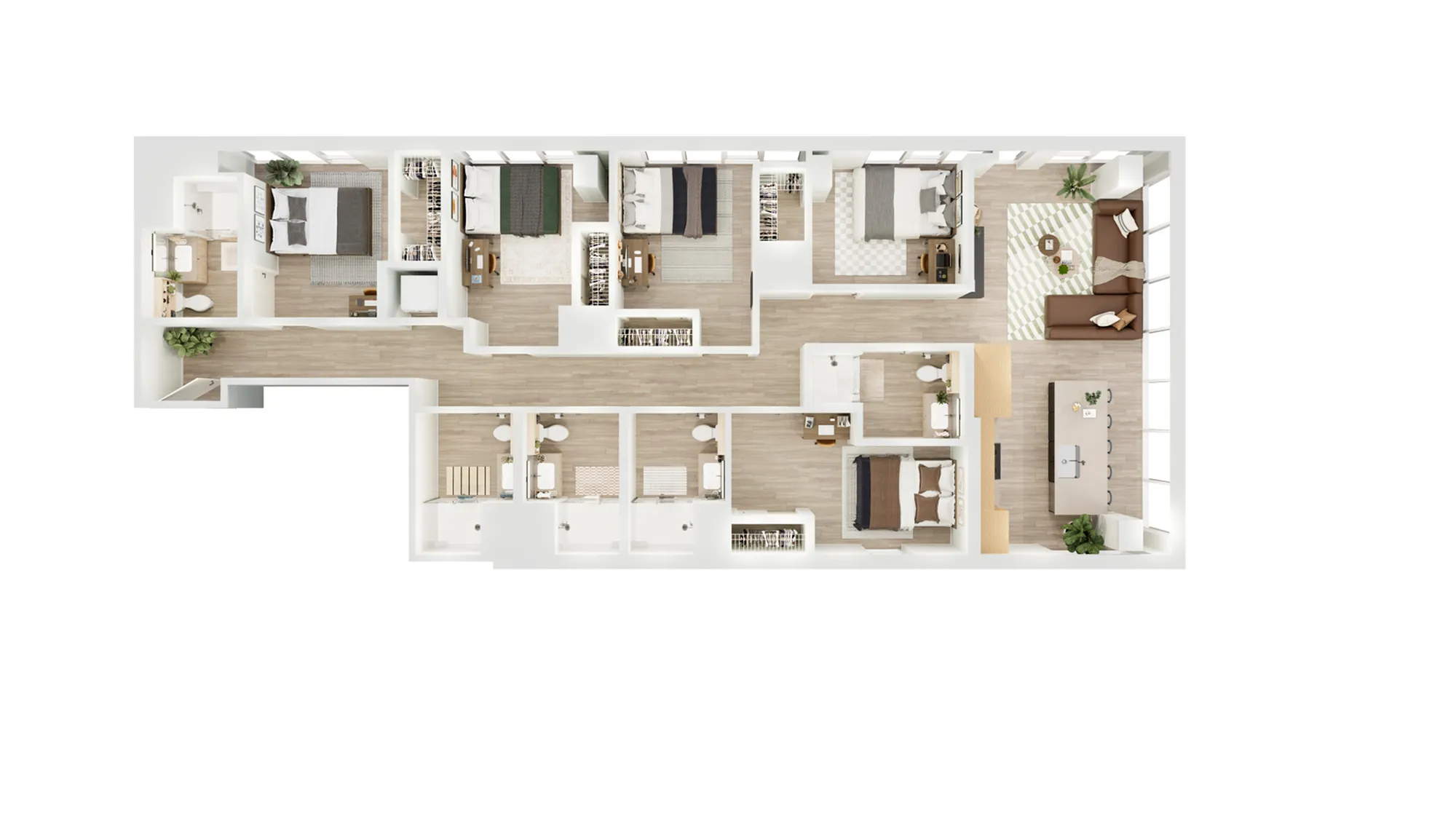 Modern and spacious floor plan featuring four bedrooms, an open living area, and a sleek kitchen with dining space, perfect for comfortable living.