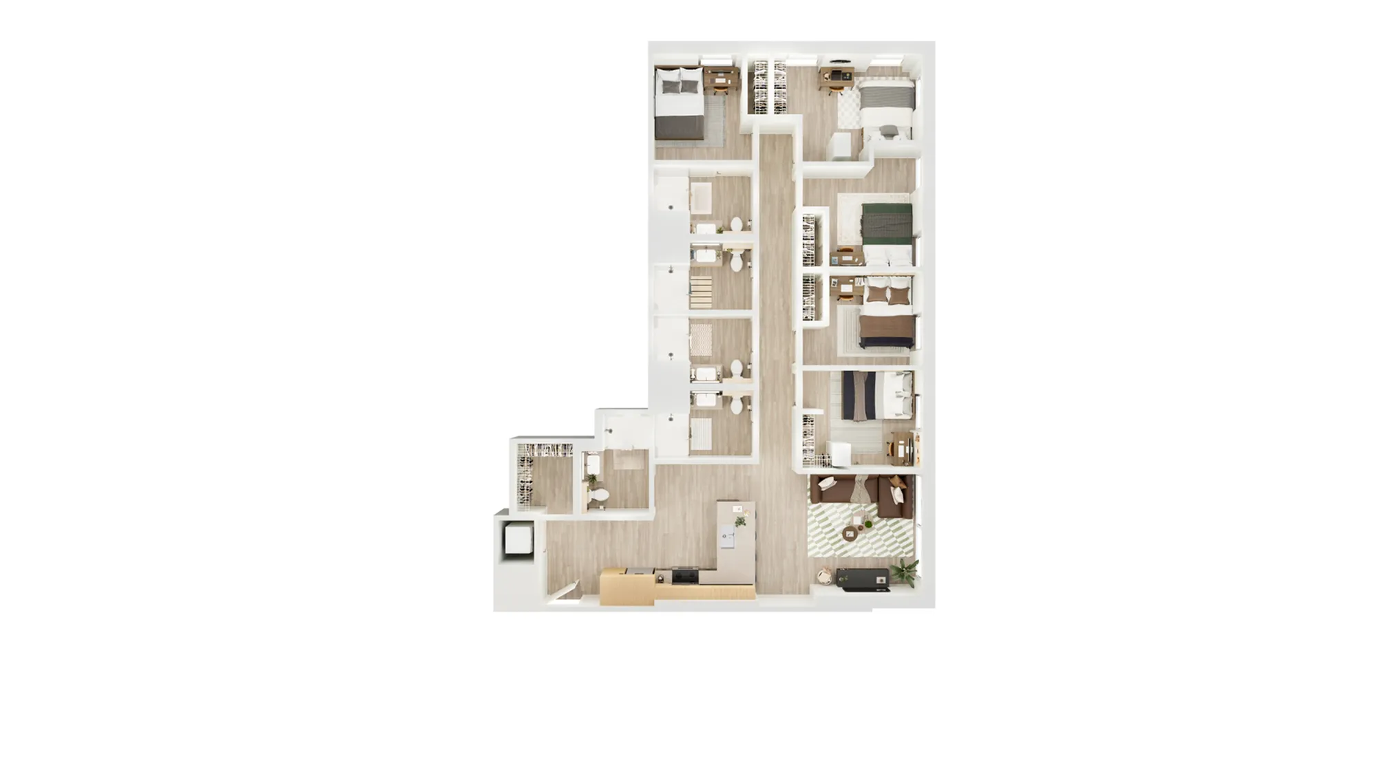 Modern L-shaped floor plan showcasing 5 bedrooms, sleek open-concept kitchen, living area, and ample storage space.