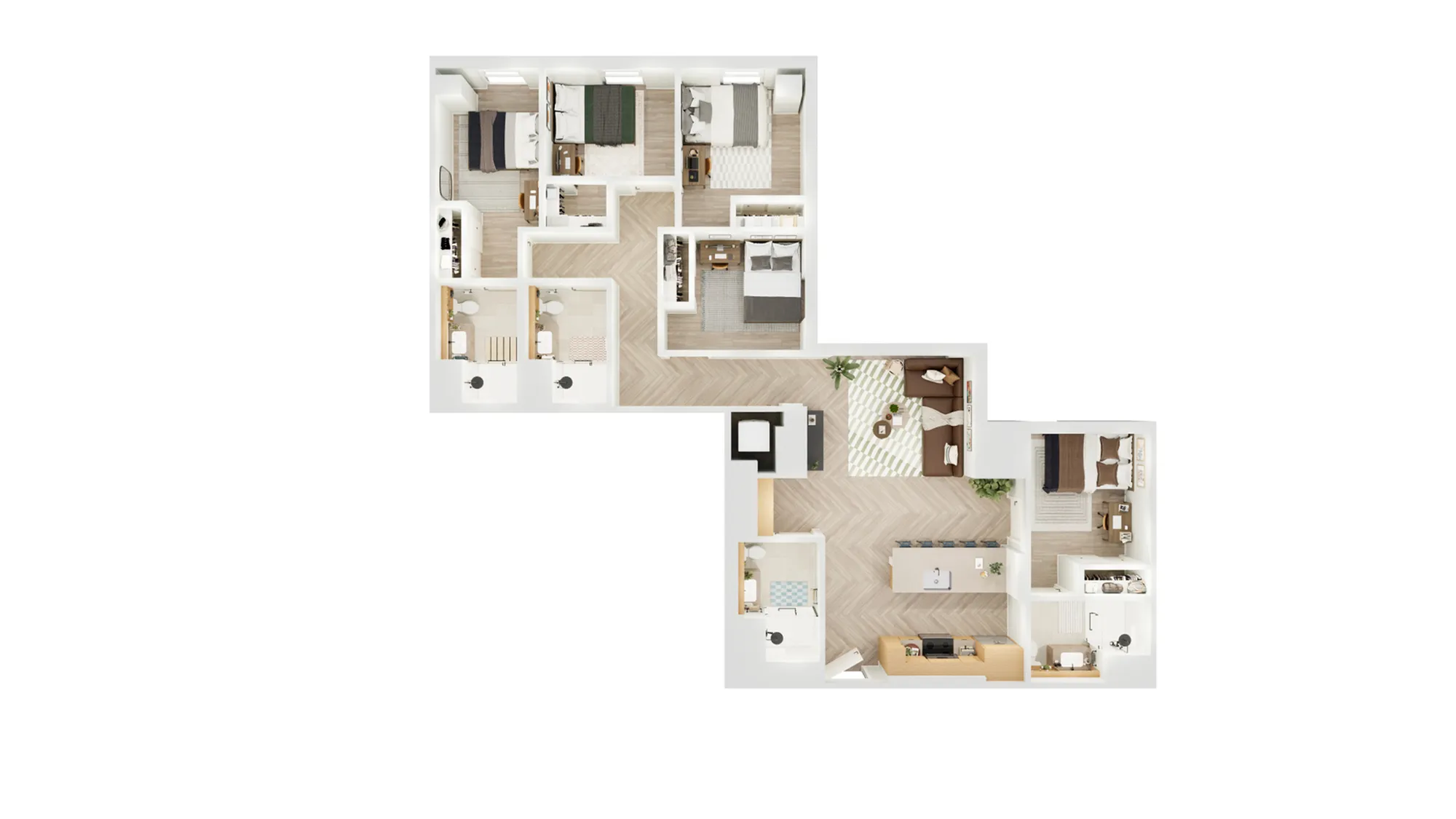 Bright and modern floor plan featuring four bedrooms, an inviting open-concept living and dining area, and a sleek, contemporary kitchen.