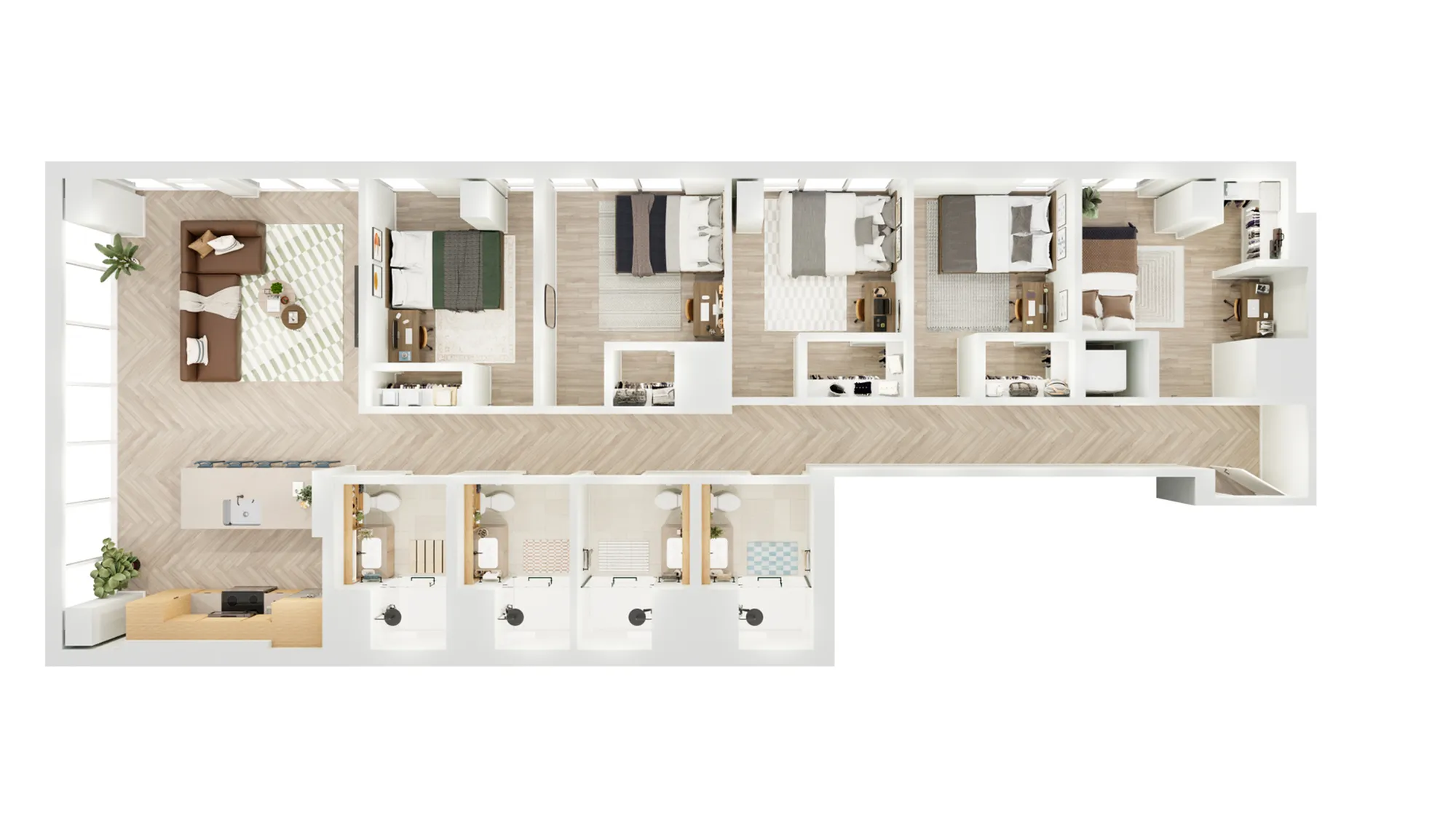 Modern 2D floor plan showcasing 4 bedrooms, elegant living area, and contemporary kitchen with sleek design.