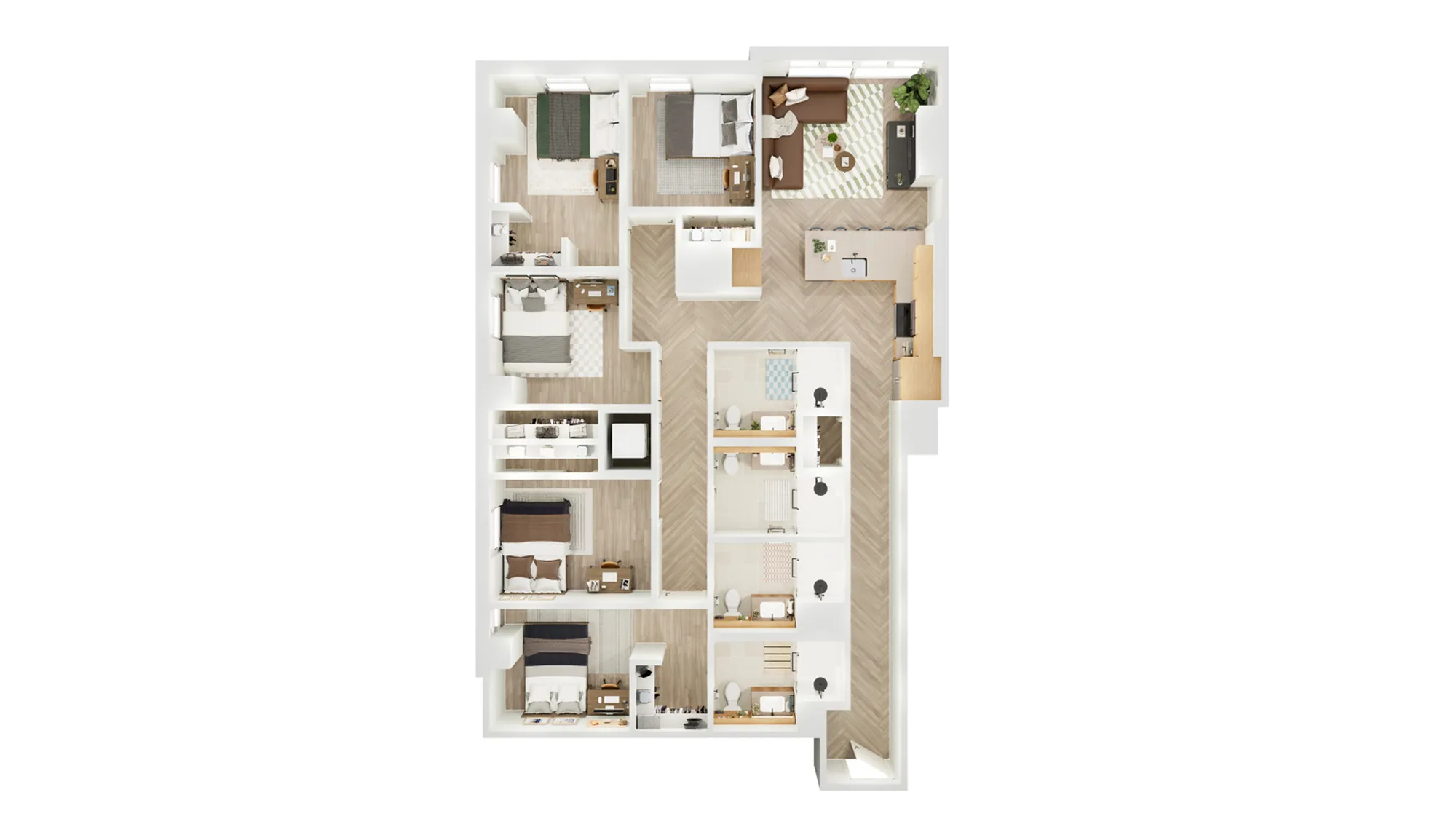 Spacious 3D floor plan with 4 elegant bedrooms, a modern kitchen, inviting living room, and multiple bathrooms, ideal for family living.