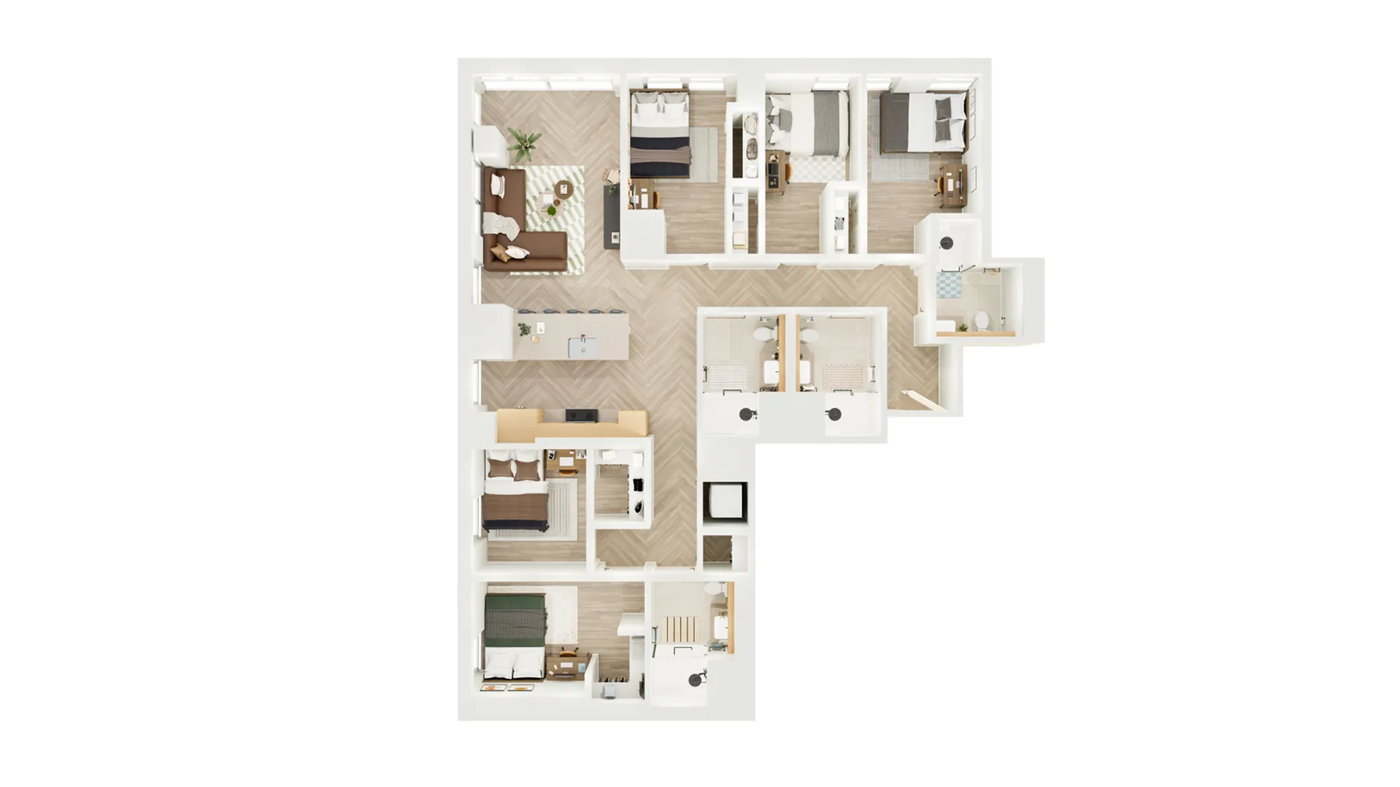 Elegant L-shaped floor plan featuring 3 spacious bedrooms, a modern open-concept kitchen, and a cozy living area with stylish seating arrangements.