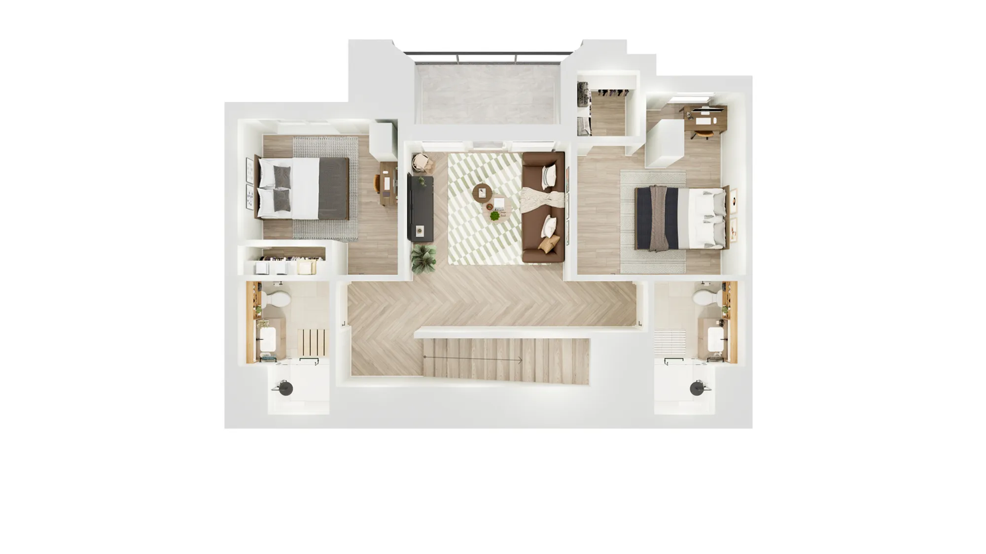Modern floor plan showcasing 2 bedrooms, an inviting living room, and a chic, open hallway with elegant wood flooring.