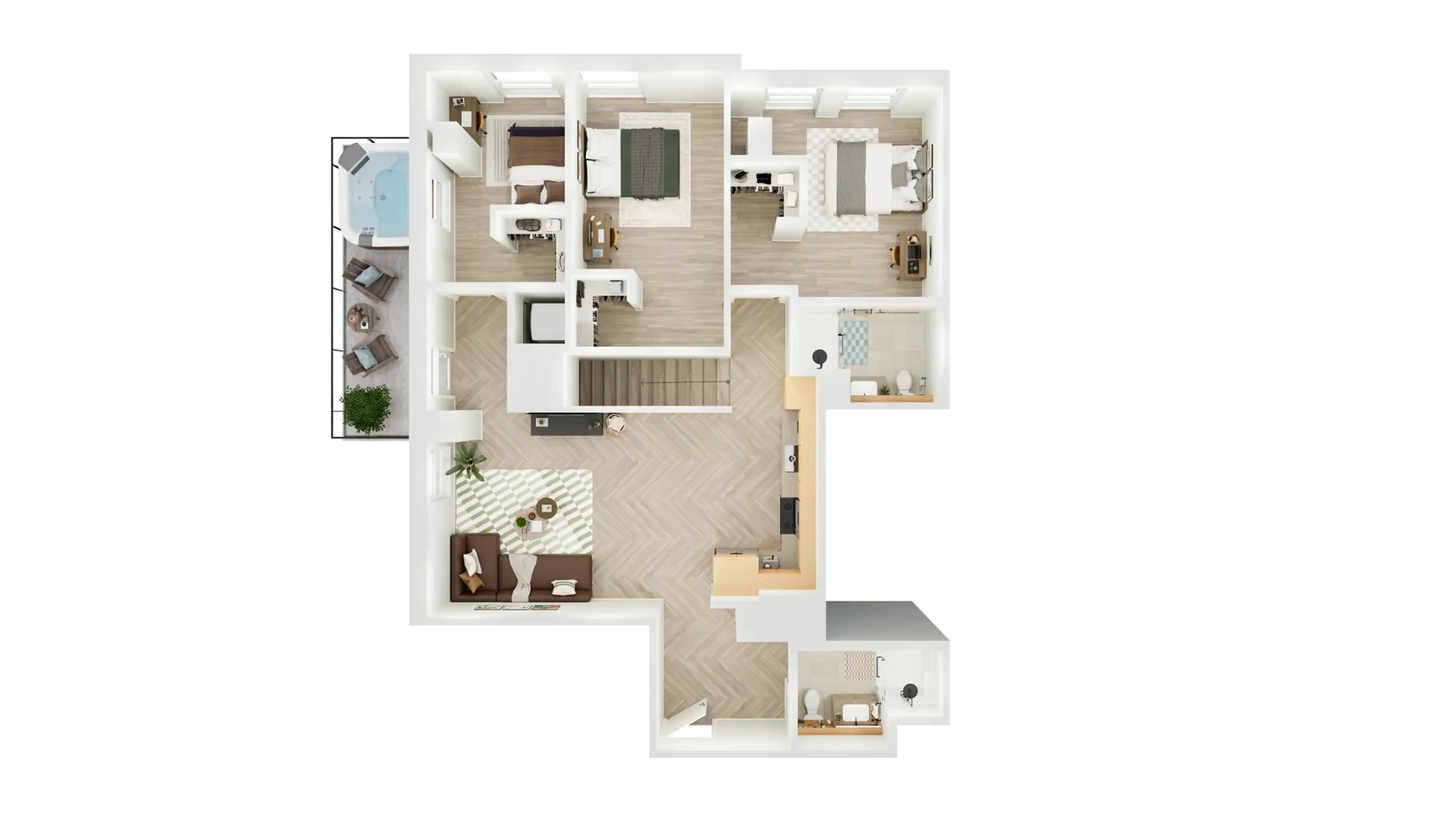 Modern 3-bedroom floor plan featuring a cozy living area, sleek kitchen, and private balcony with seating.