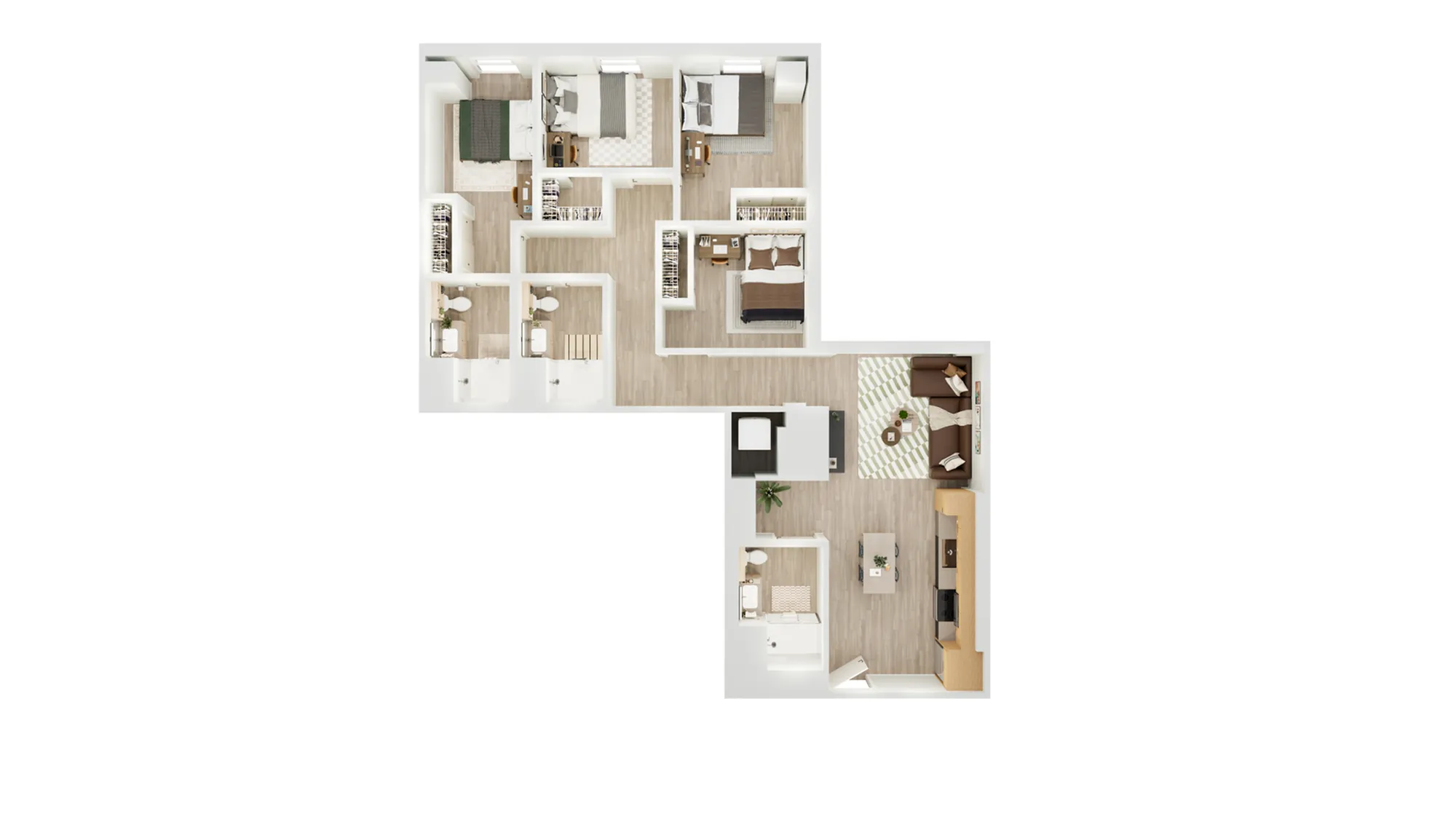 Modern 3-bedroom apartment floor plan, featuring an open-concept living area, sleek kitchen, and two stylish bathrooms.