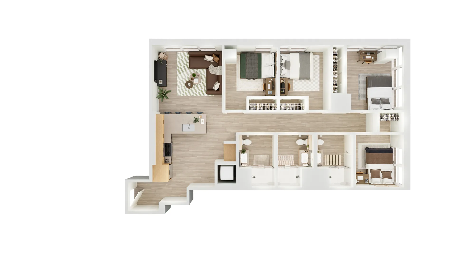 Modern 3D floor plan showcasing a stylish apartment with three bedrooms, an open kitchen with island seating, and a cozy living room area.