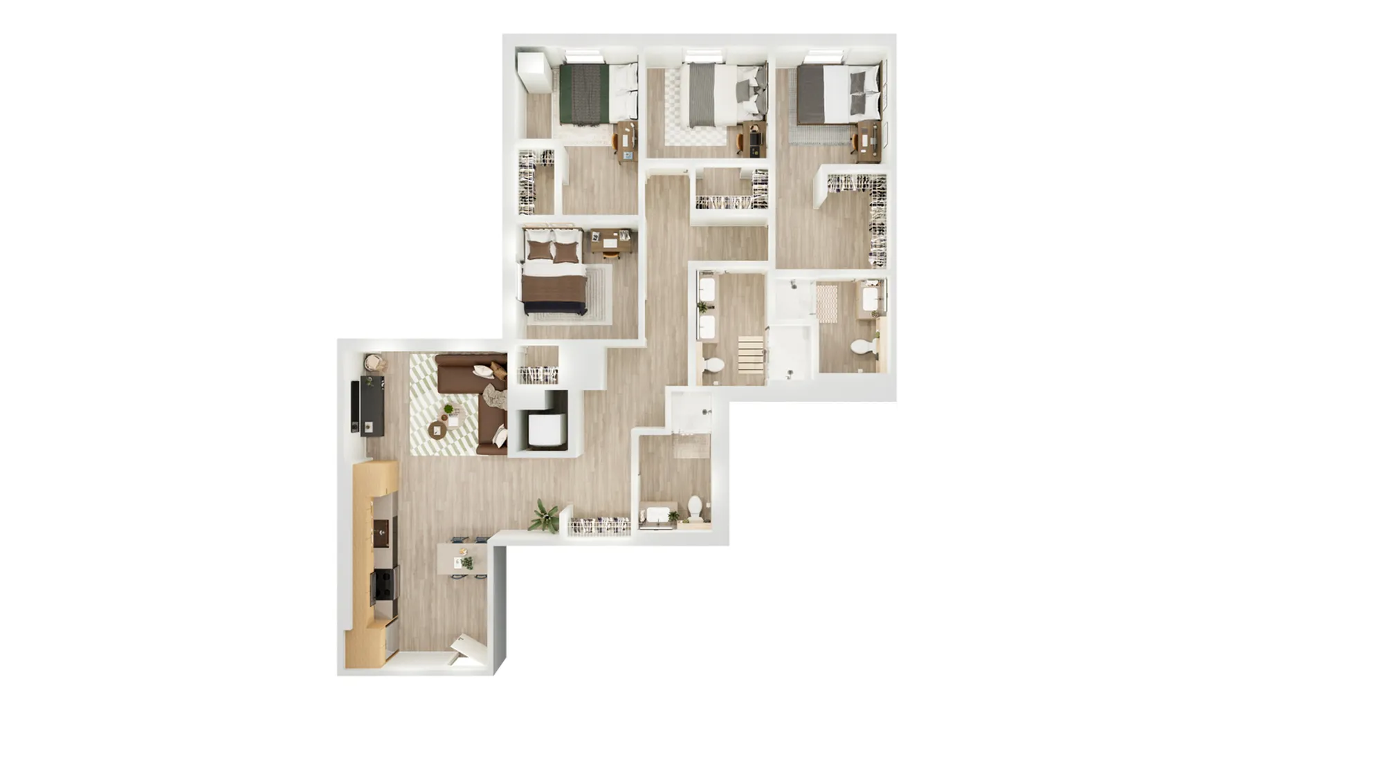 Modern 3D floor plan showcasing 3 bedrooms, a cozy living area, and a sleek kitchen design.