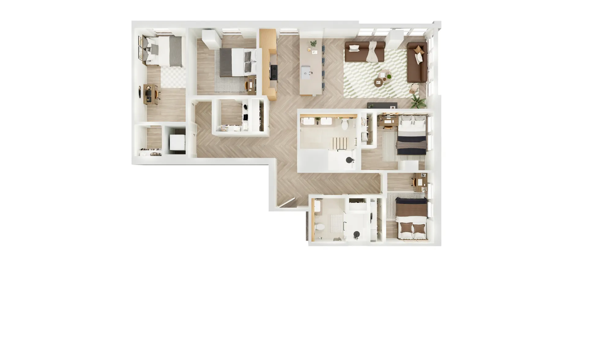 Modern floor plan showcasing three spacious bedrooms, a bright open living space, and a sleek kitchen with a cozy dining area.