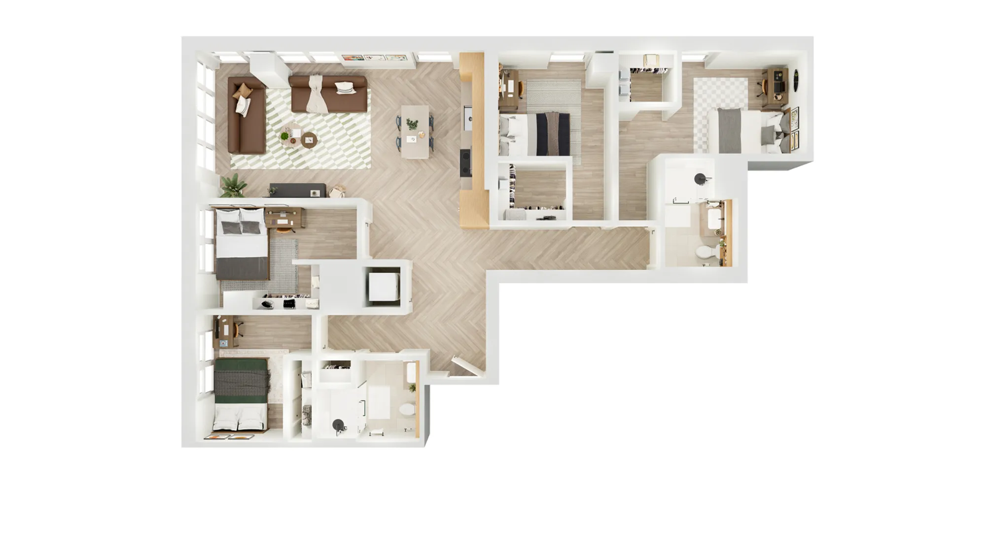 Modern 3-bedroom apartment floor plan with open living area, stylish kitchen, and elegant bathroom layout.