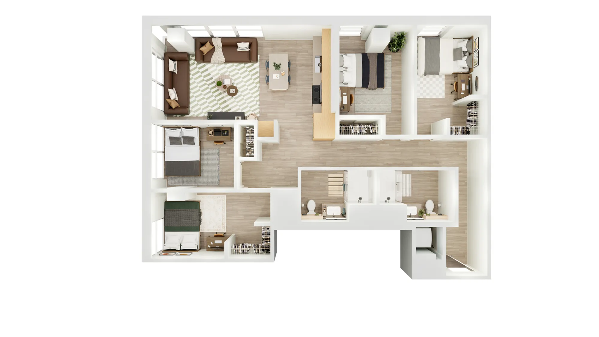 Modern 3D floor plan showcasing a spacious layout with three bedrooms, an open living room, stylish kitchen, and two elegant bathrooms.