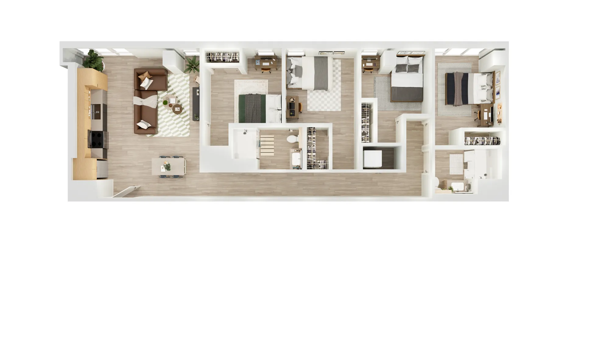 Modern 3D floor plan showcasing a chic apartment with three bedrooms, inviting living area, and an elegant kitchen.