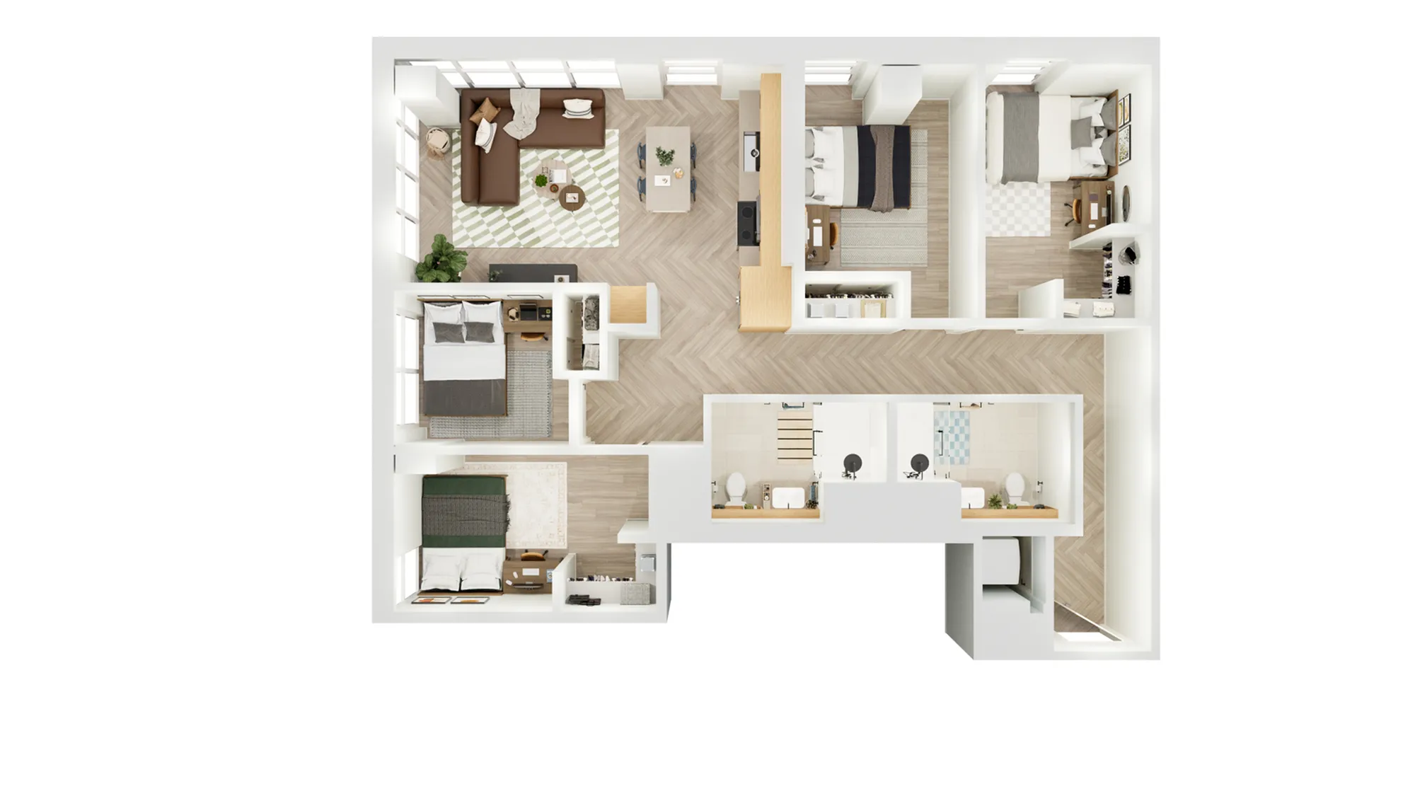 Elegant floor plan showcasing a modern, spacious layout with three cozy bedrooms, a stylish open-concept living area, and a contemporary kitchen.