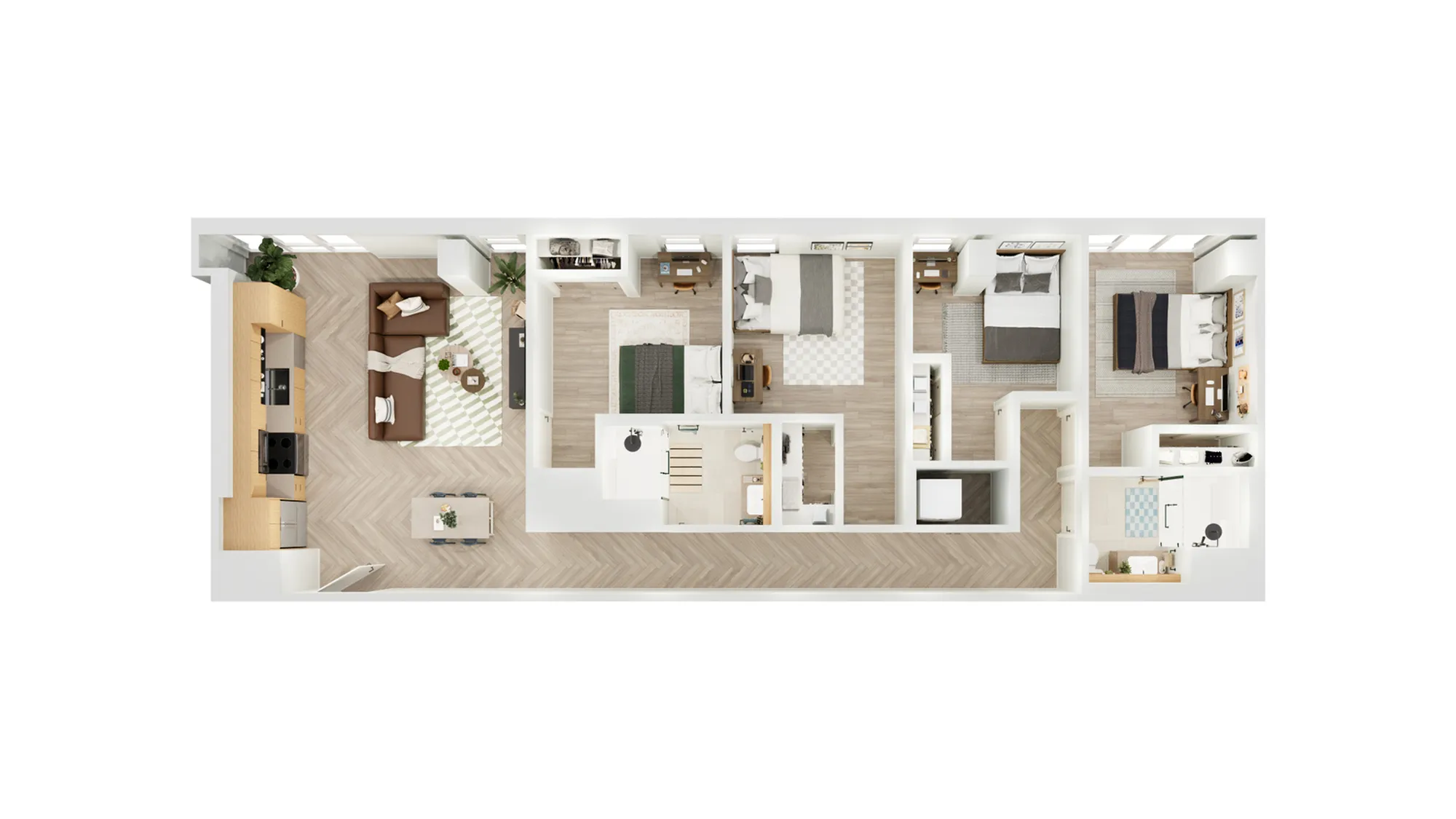 Contemporary apartment floor plan showcasing an open-concept living room, modern kitchen, and three spacious bedrooms with hardwood flooring.