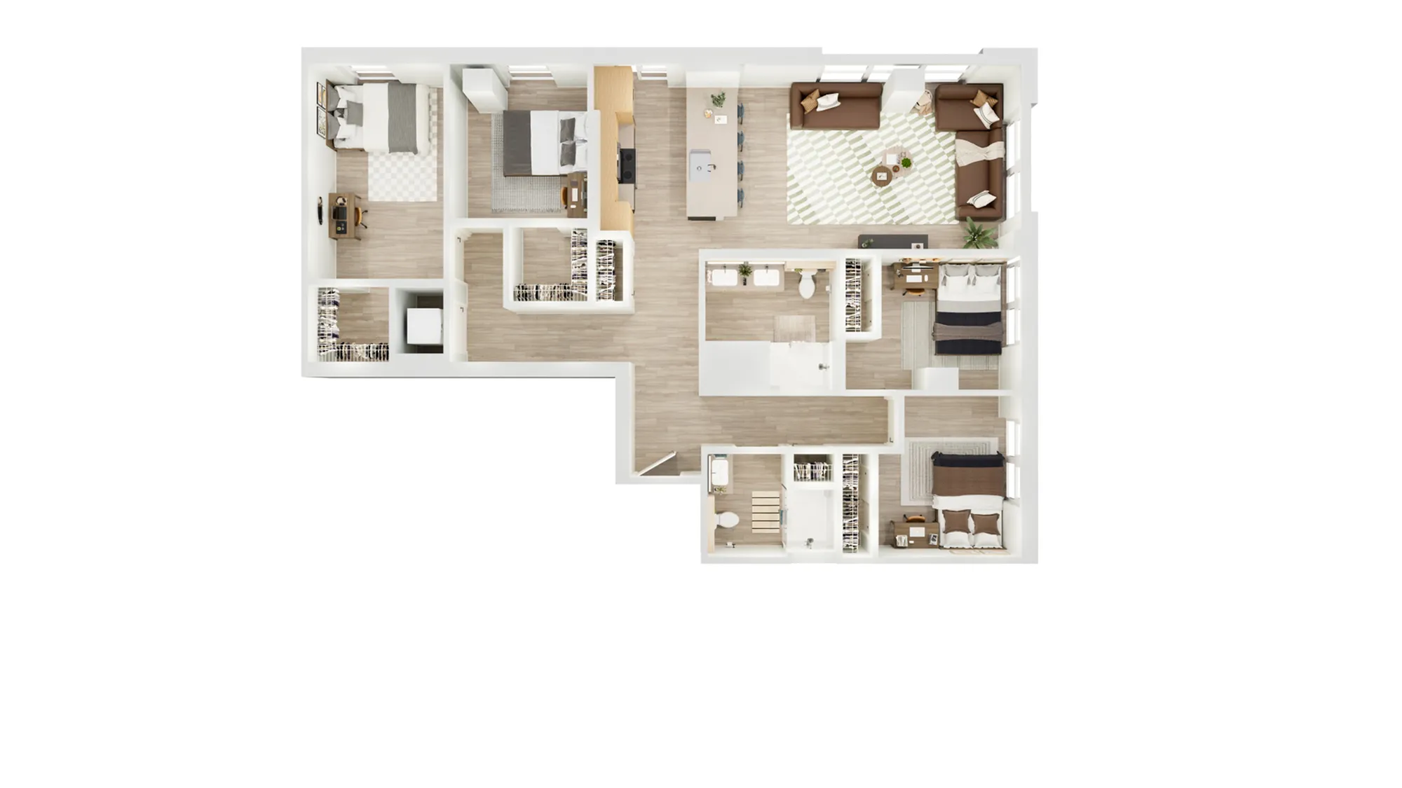 Elegant 3D floor plan showcasing 3 cozy bedrooms, a sleek modern kitchen, and a spacious open-plan living room with stylish furnishings.