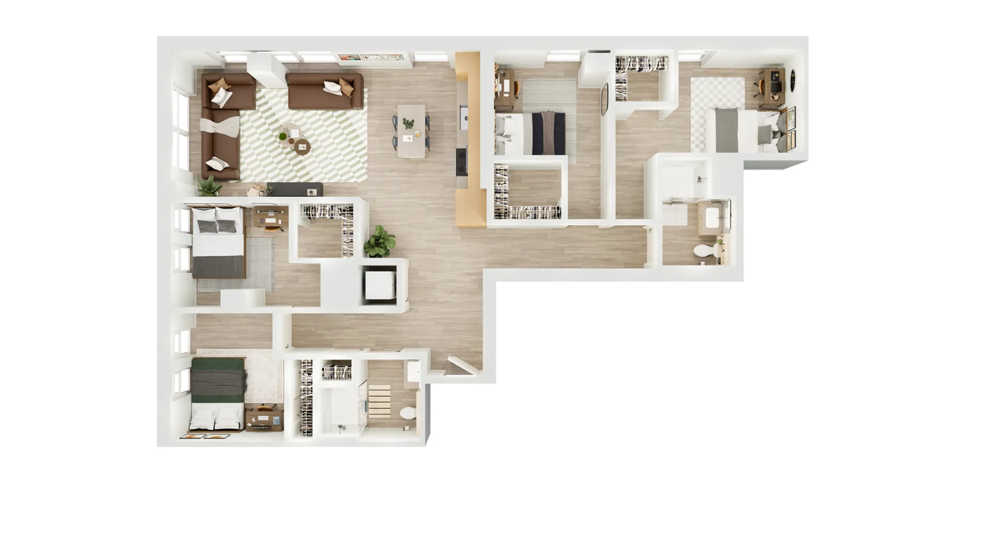Modern 3D floor plan showcasing 3 bedrooms, a cozy living area, and a functional kitchen with natural lighting.