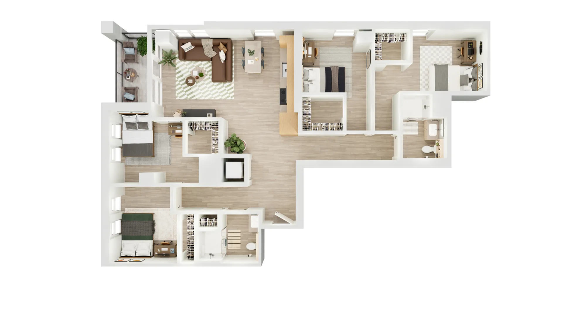 Elegant 3D floor plan showcasing a spacious apartment with 3 bedrooms, a cozy living room, and modern kitchen, perfect for comfortable living.