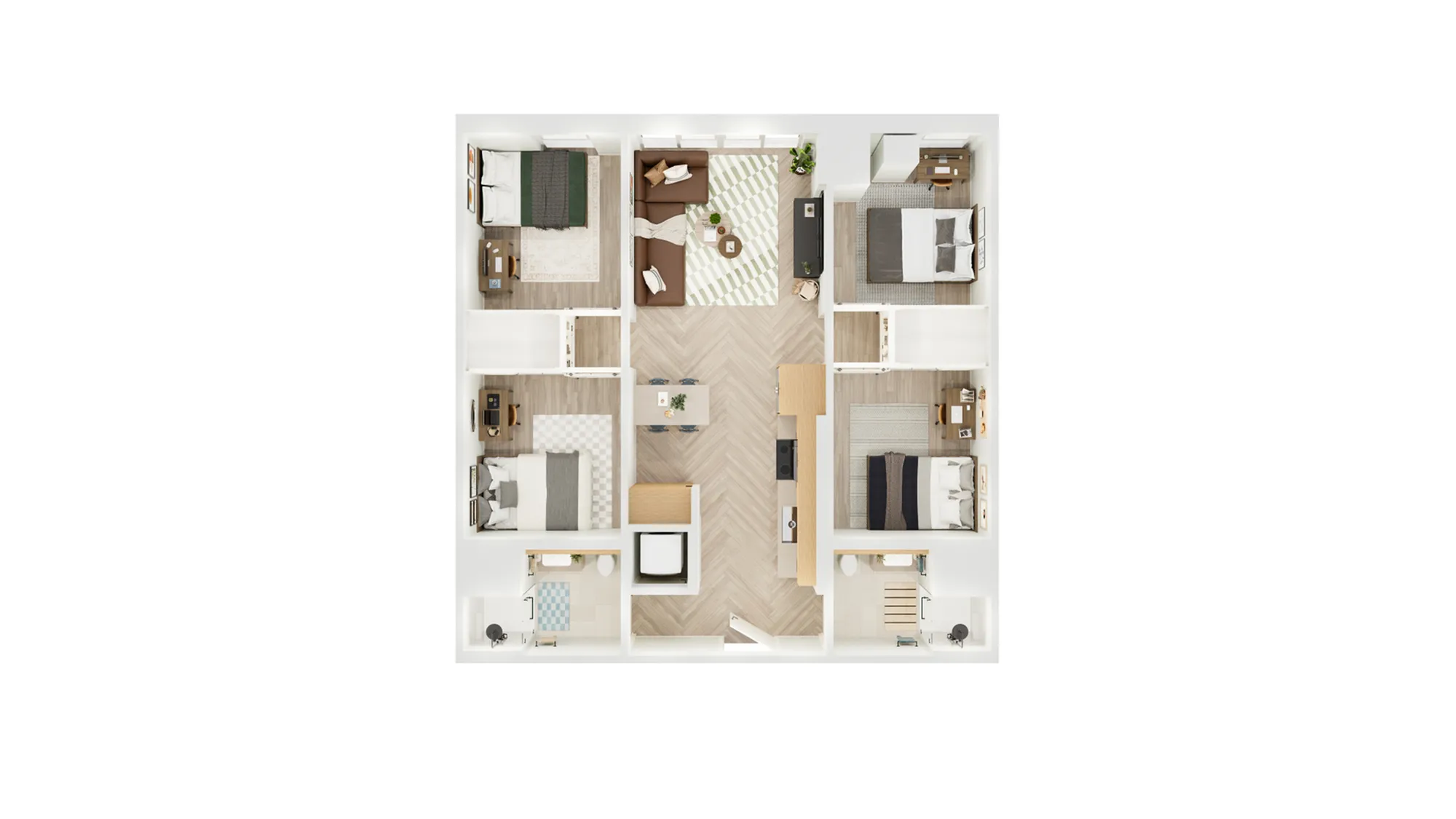 Modern floor plan showcasing four spacious bedrooms, a cozy open living area, and a central kitchen with elegant wood flooring.
