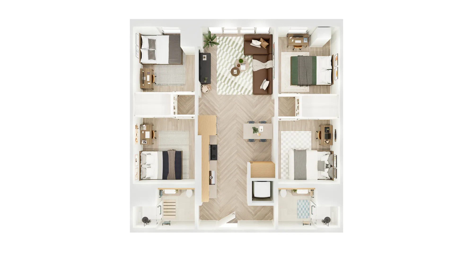 Modern 2D floor plan showcasing four spacious bedrooms, open-concept living area, and a sleek kitchen.