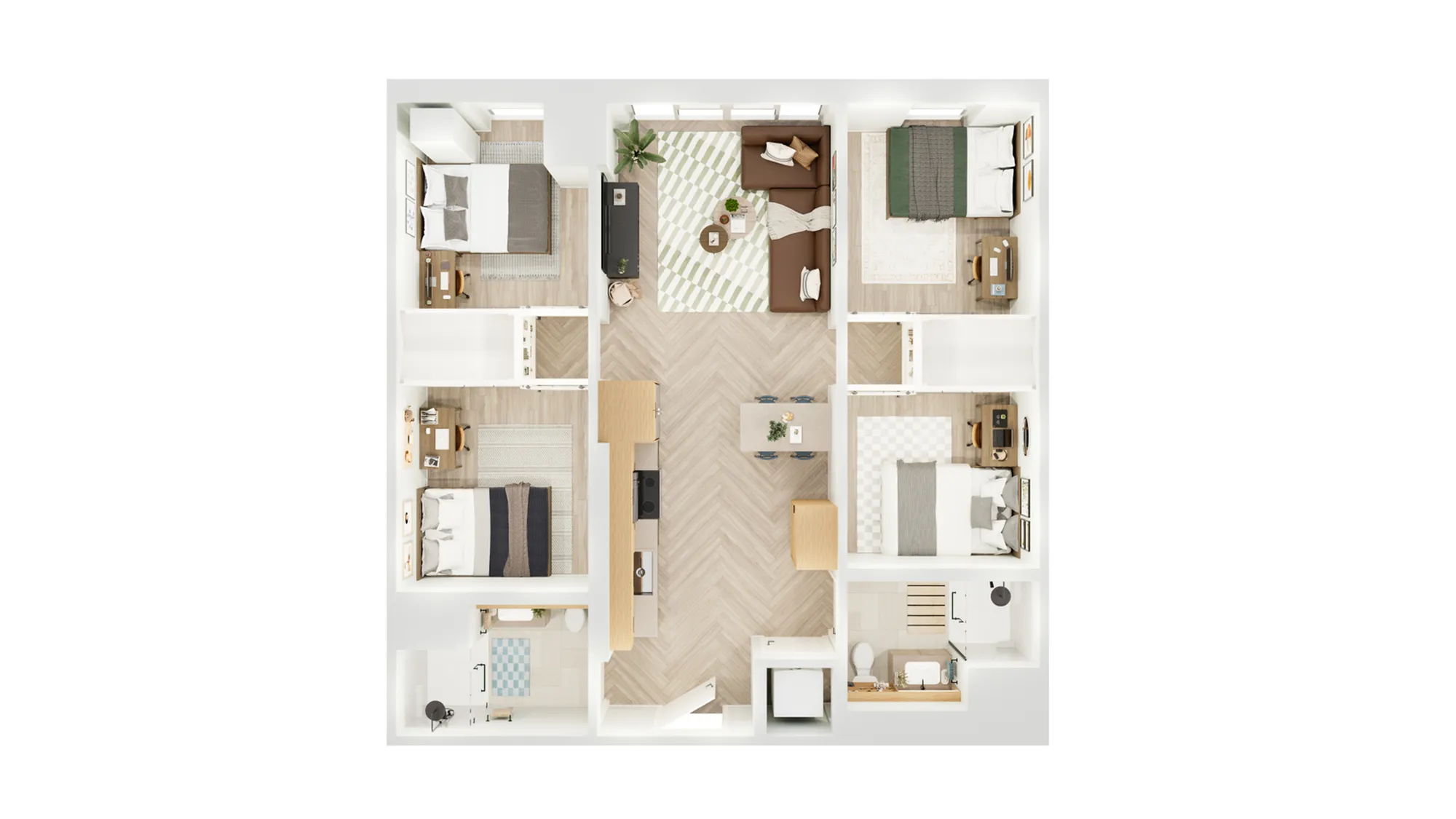 Elegant 3D floor plan showcasing four bedrooms, a stylish open living room, and a contemporary kitchen with dining area, ideal for modern living.