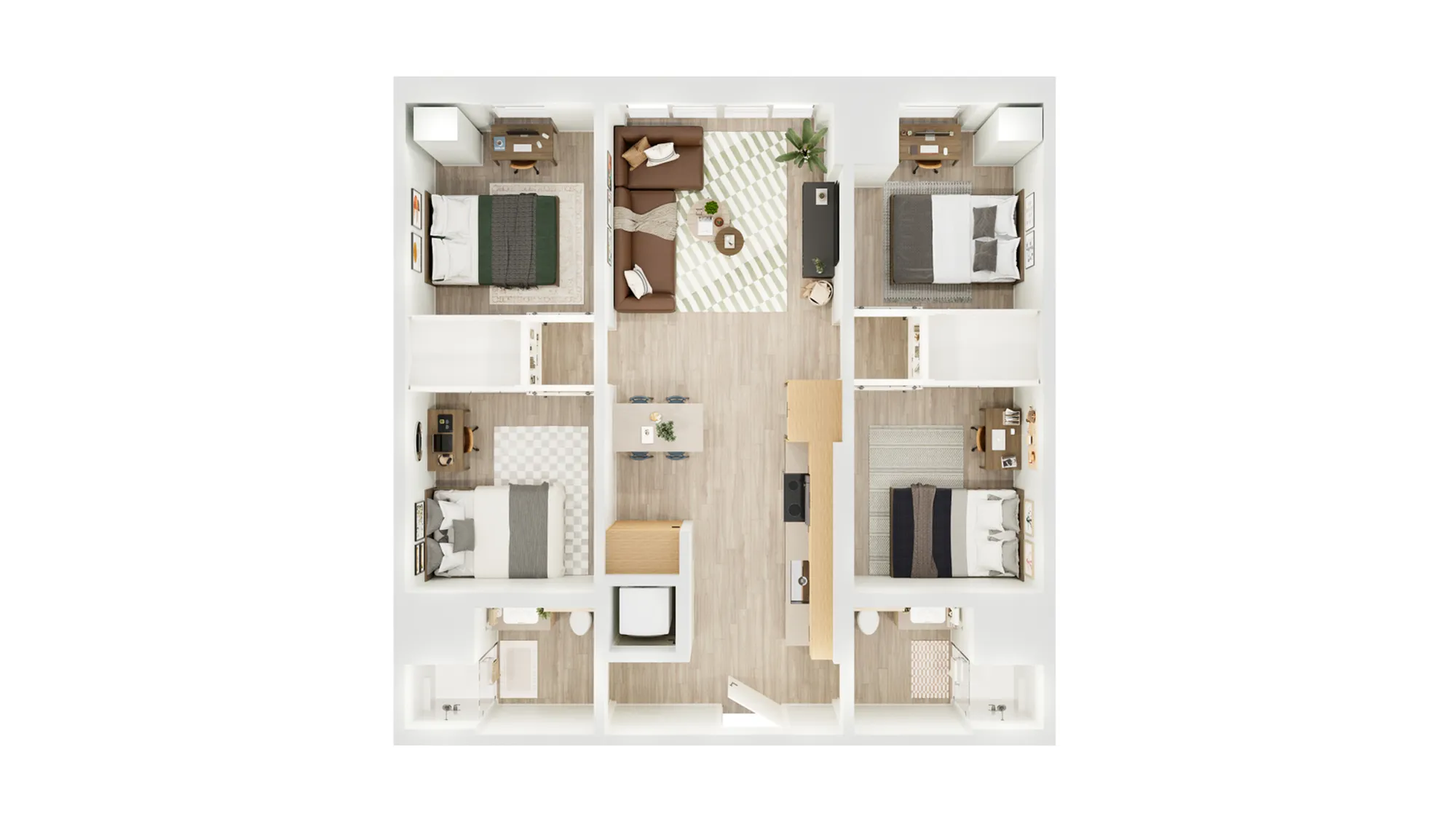 Beautifully designed floor plan with 3 cozy bedrooms, an inviting living room, and a modern open kitchen. Perfect for comfort and style.