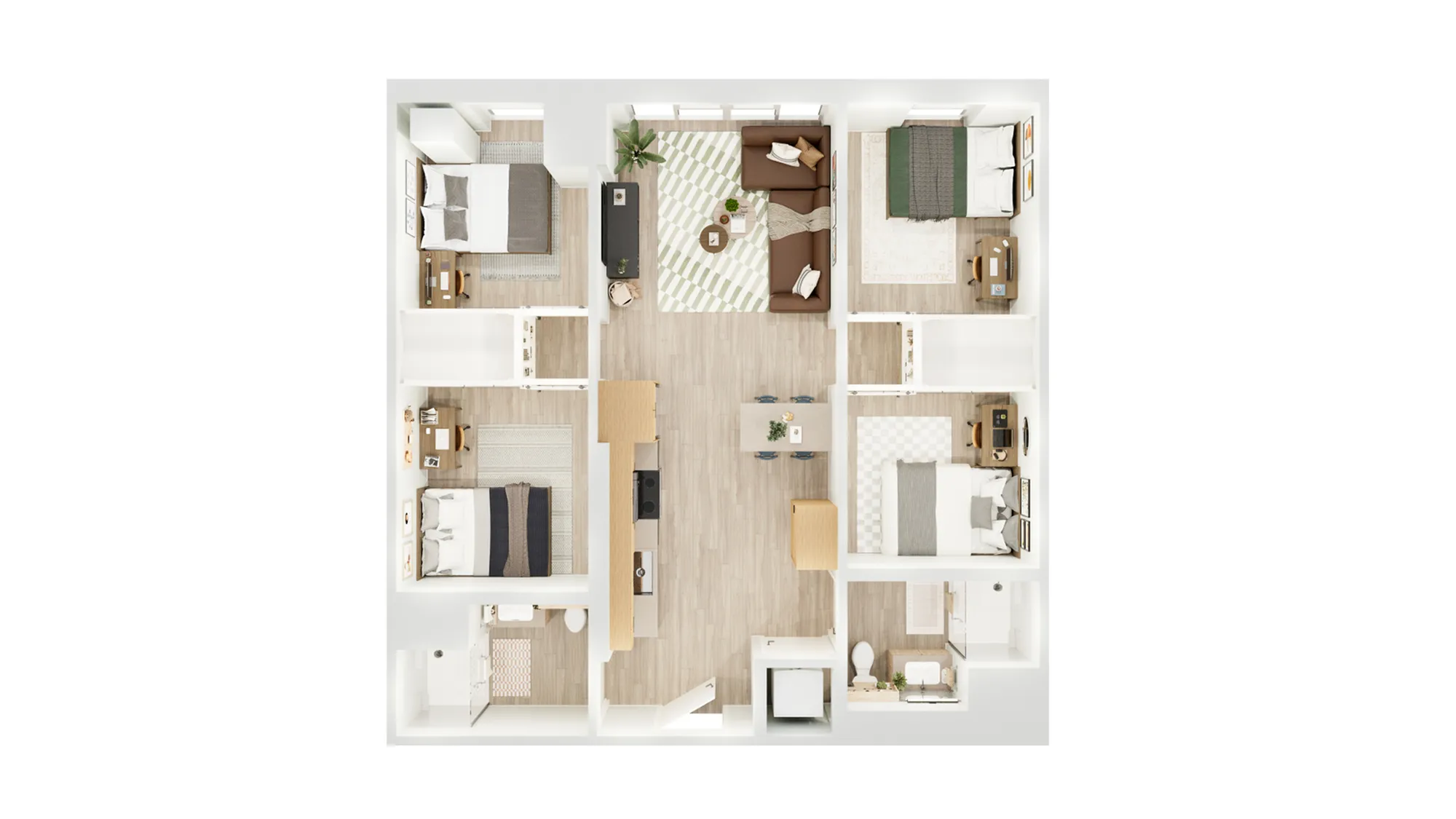 Modern floor plan showcasing a spacious apartment layout with three elegant bedrooms, a central living area, and a sleek kitchen design.