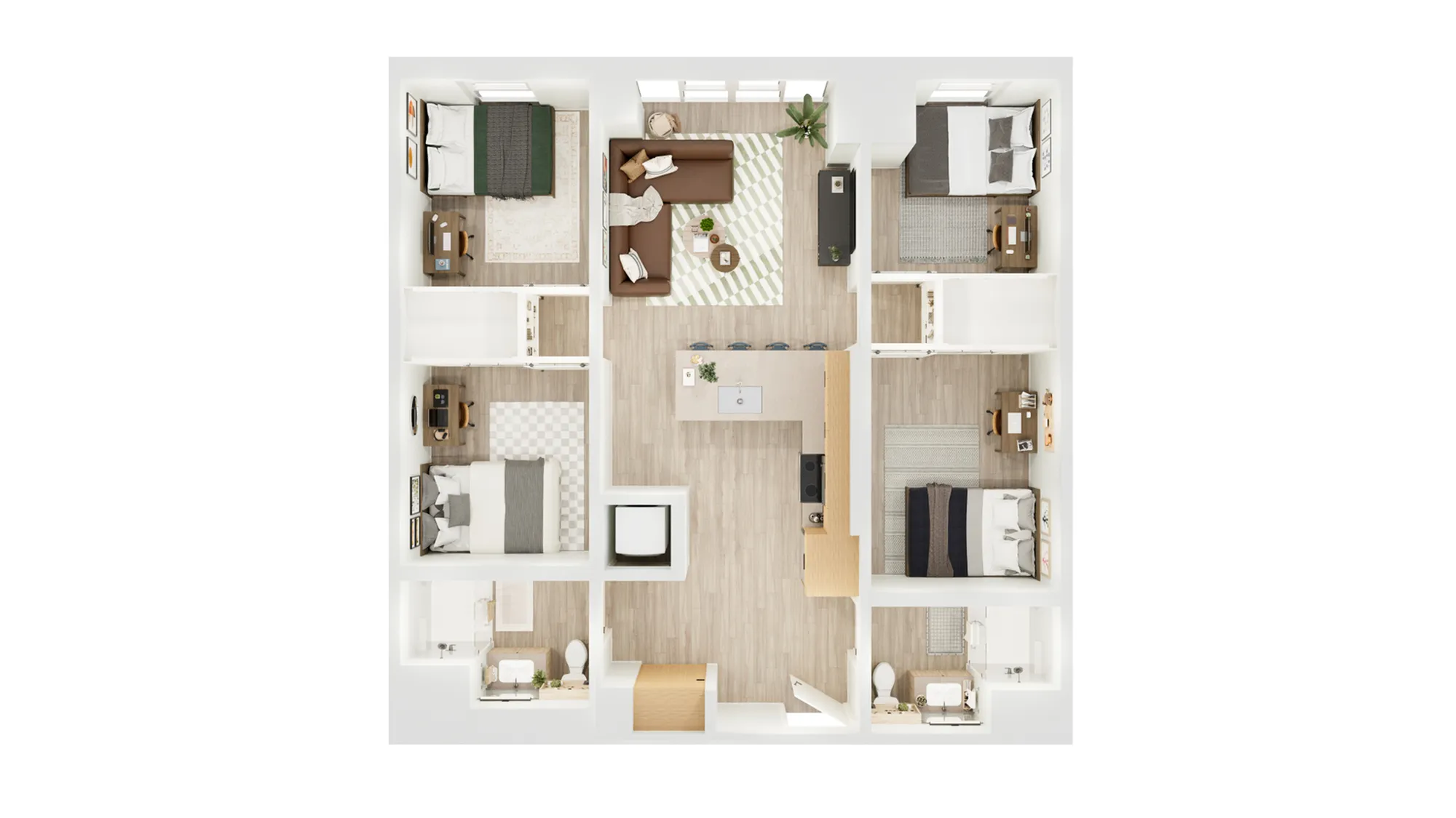 Modern floor plan showcasing four bedrooms, open living area, and sleek kitchen with a central island, featuring stylish furnishings and ample natural light.
