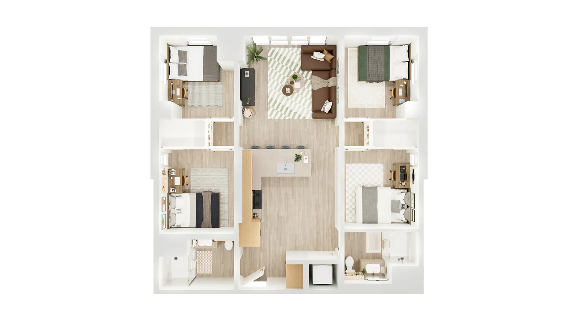 Modern 3D floor plan showcasing 3 elegant bedrooms, open-concept living area with chic furniture, and a central kitchen island.