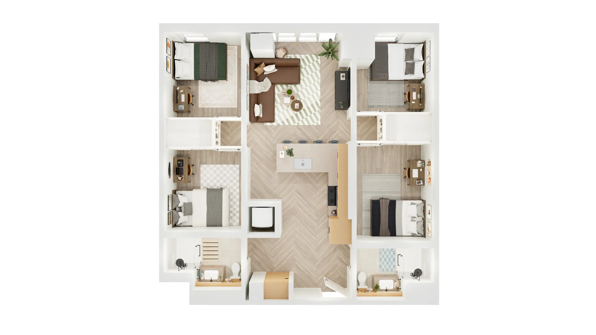 Contemporary 3-bedroom apartment floor plan with an inviting open-concept living area, modern kitchen, and two stylish bathrooms.