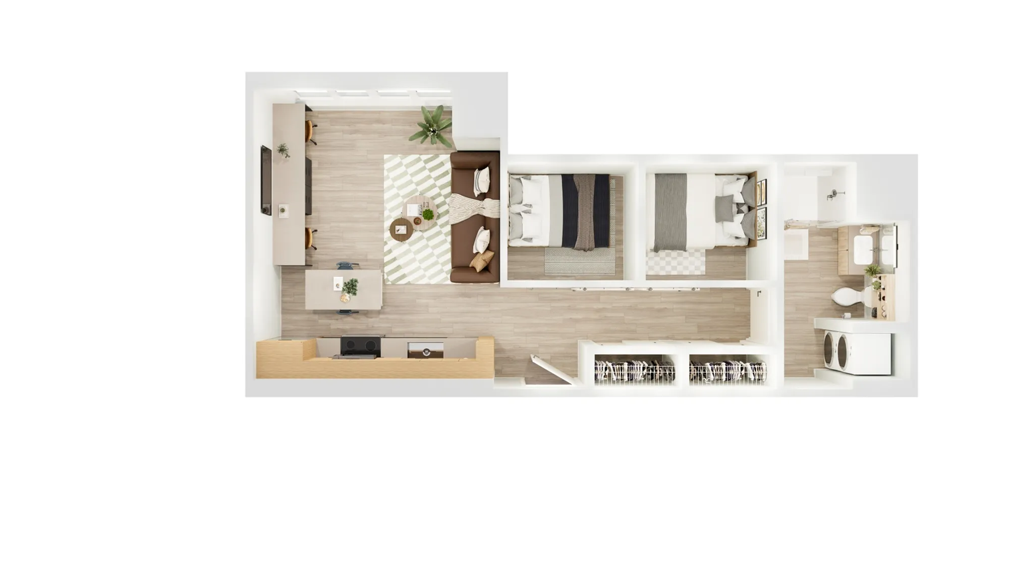 Contemporary apartment floor plan with 2 bedrooms, cozy living area, modern kitchen, and sleek bathroom layout.