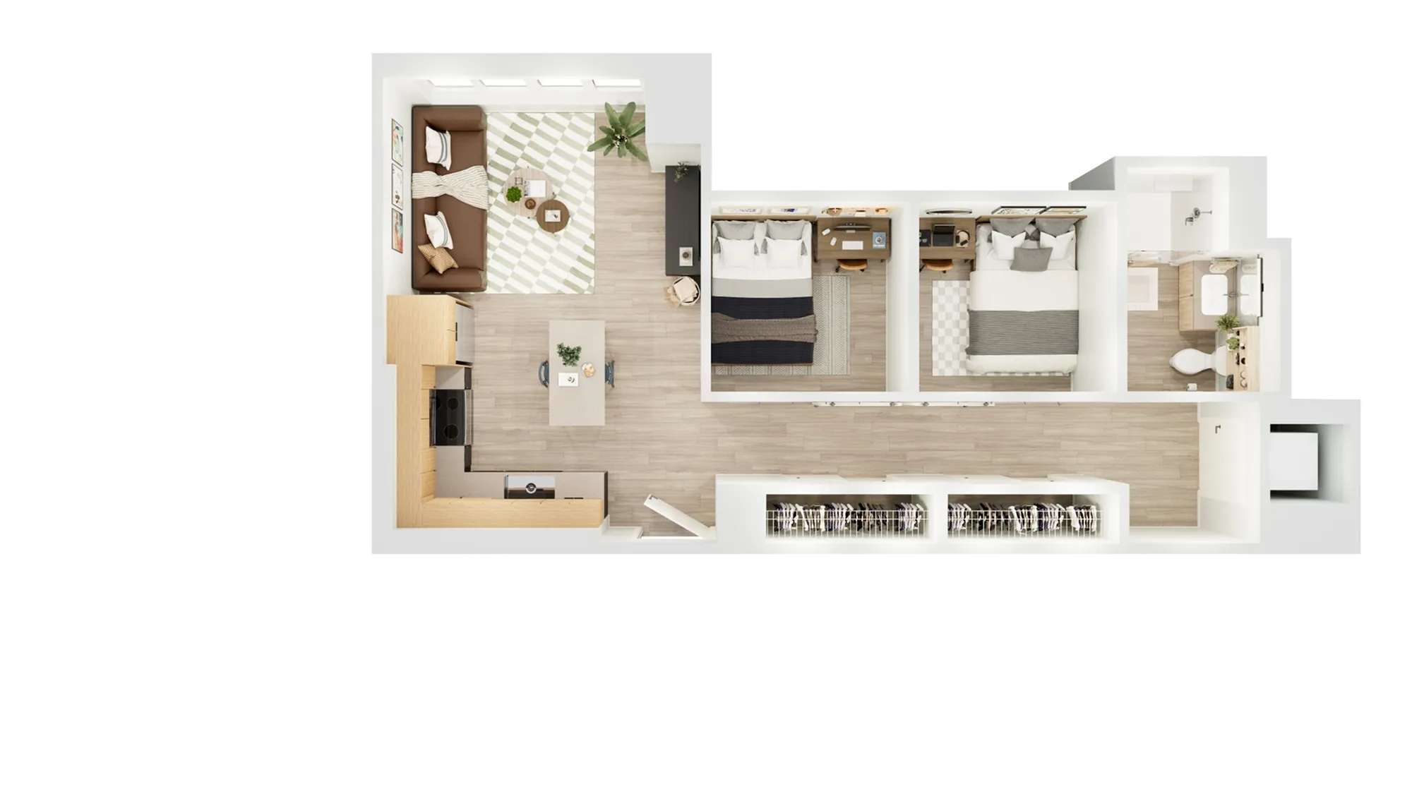 Modern 2D floor plan featuring 2 cozy bedrooms, a sleek open kitchen, and a comfortable living area with stylish decor.