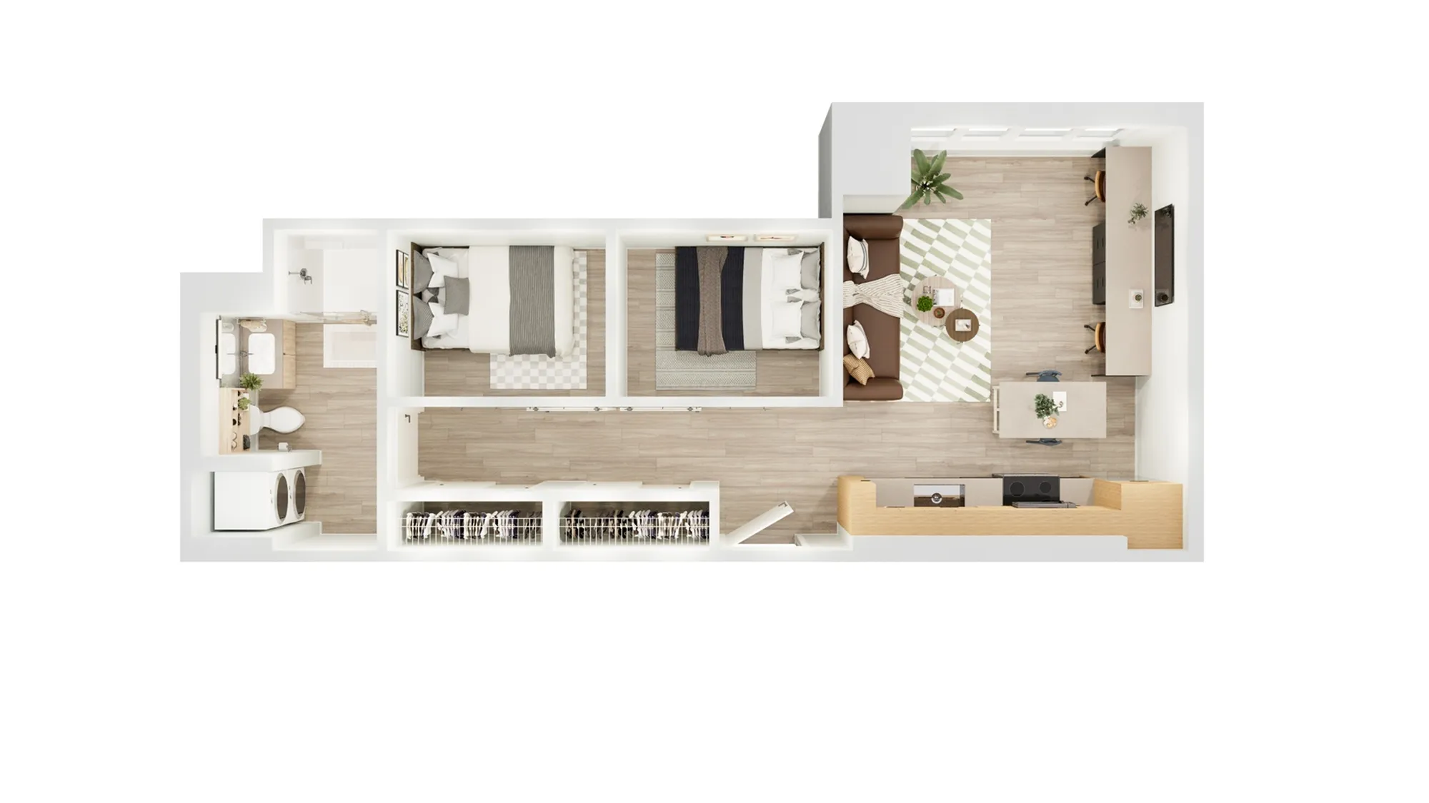 Chic 2D floor plan showcasing 2 cozy bedrooms, stylish open living space, and modern kitchen layout.