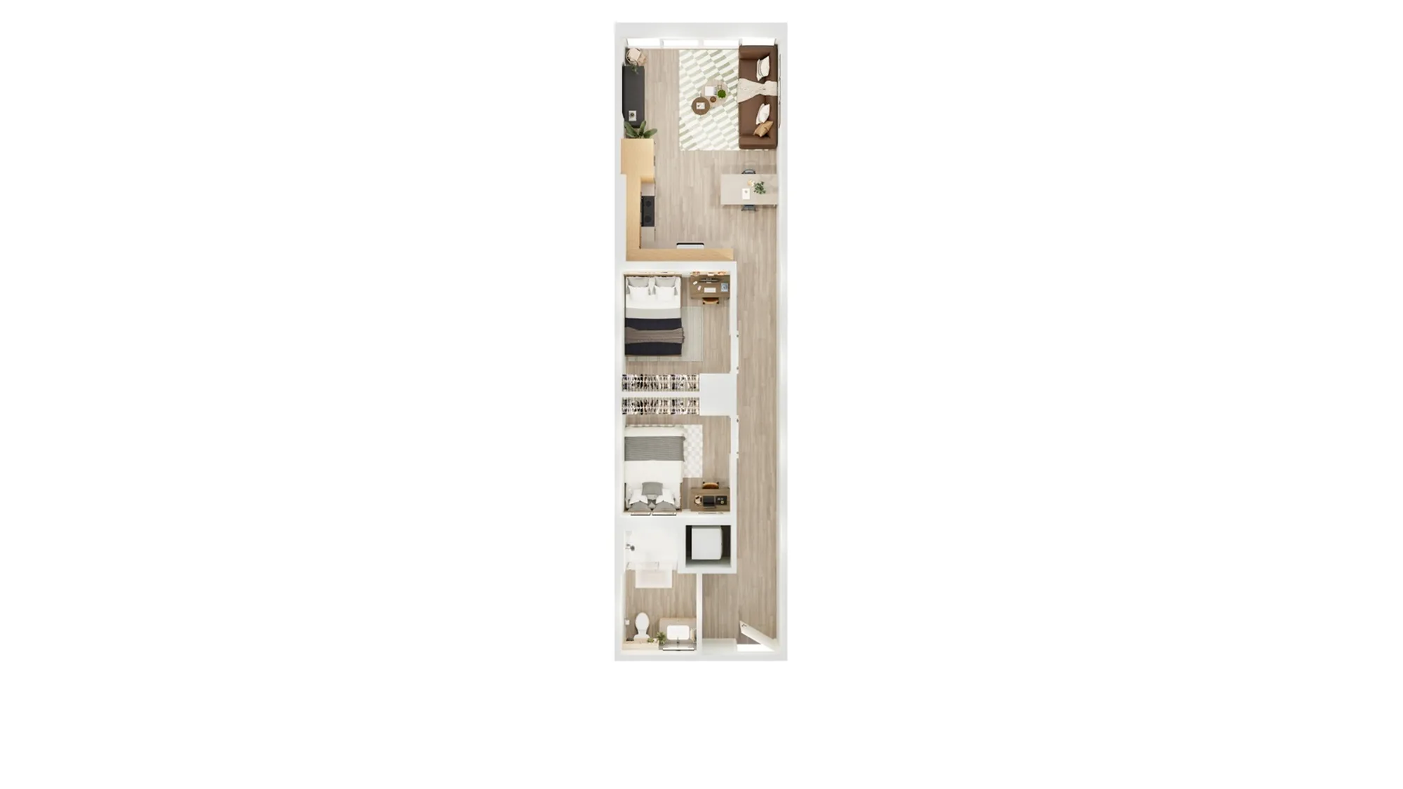 Elegant linear floor plan showcasing 2 bedrooms, a cozy living area, modern kitchen, and a chic bathroom. Perfect for streamlined living.