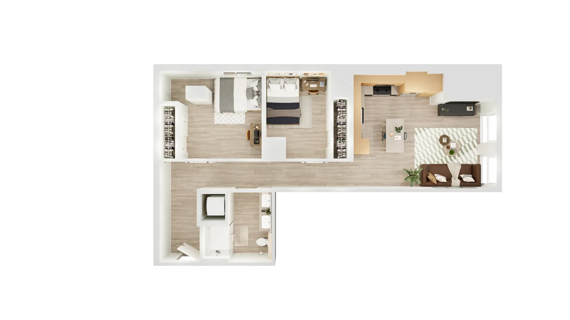 Modern 2D floor plan showcasing 2 bedrooms, elegant living space, and a sleek kitchen with natural light accents.
