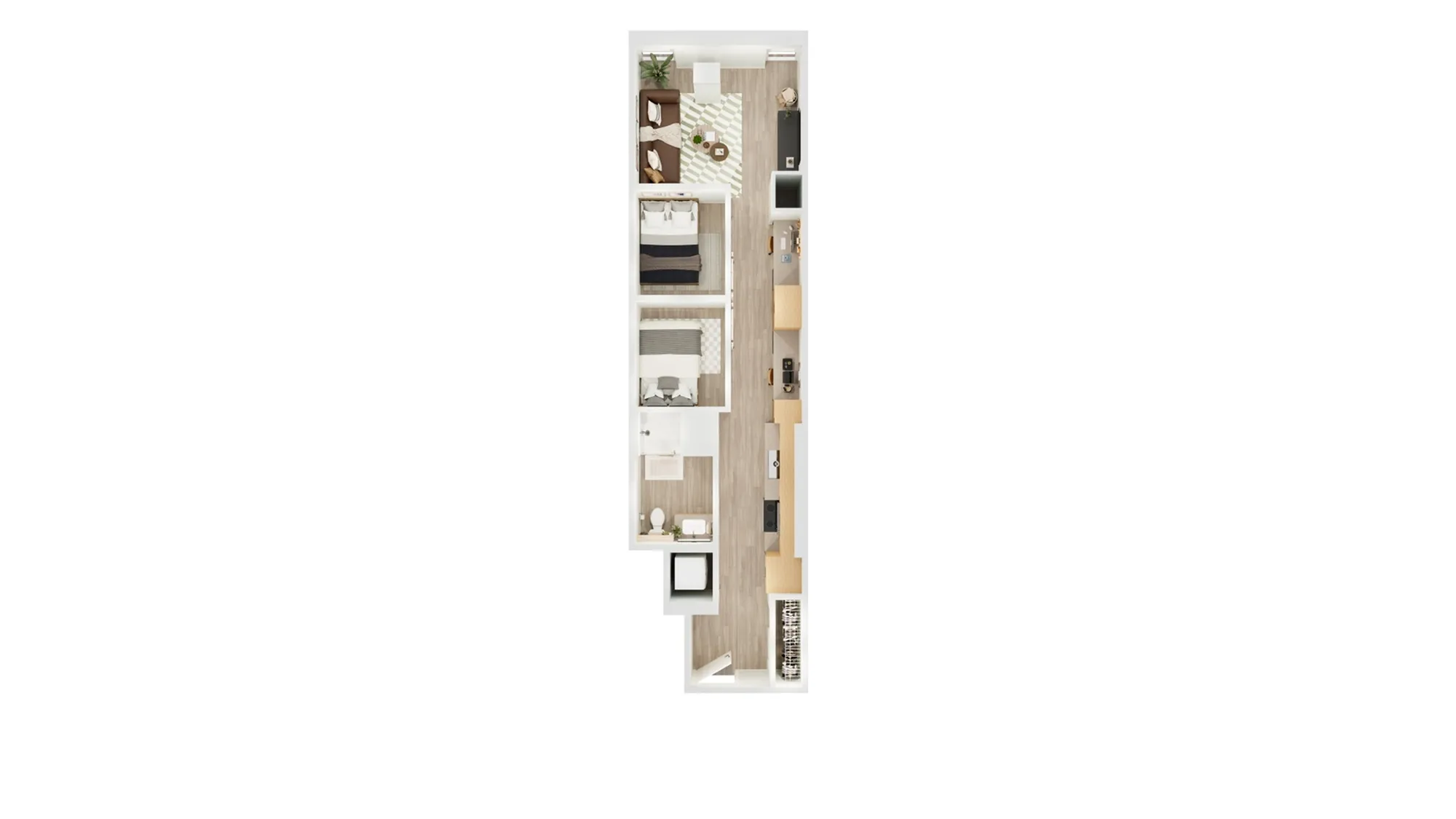 Sleek linear apartment floor plan featuring two cozy bedrooms and an open-concept living area with modern kitchen.