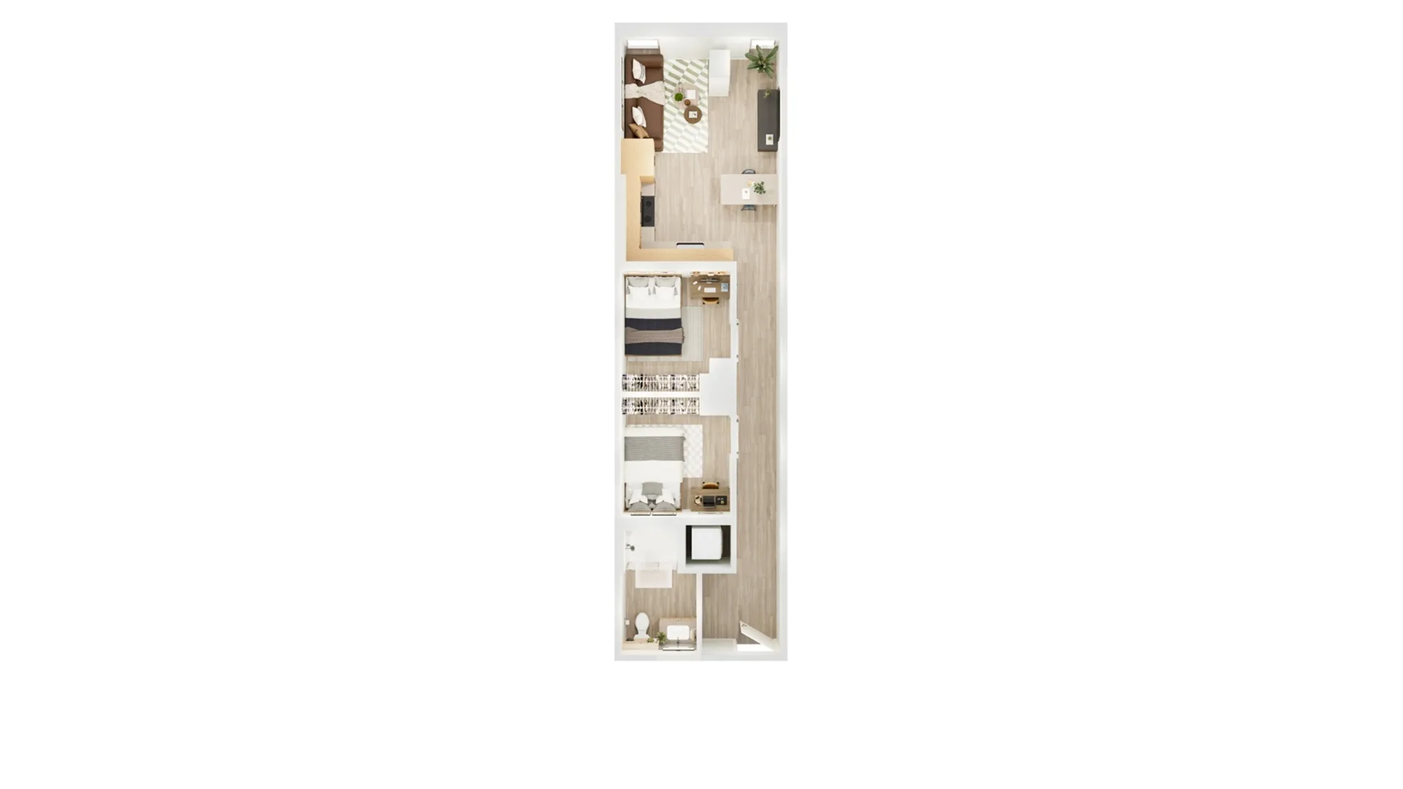 Modern linear floor plan showcasing two cozy bedrooms, a sleek bathroom, and an inviting open-concept living and dining area.