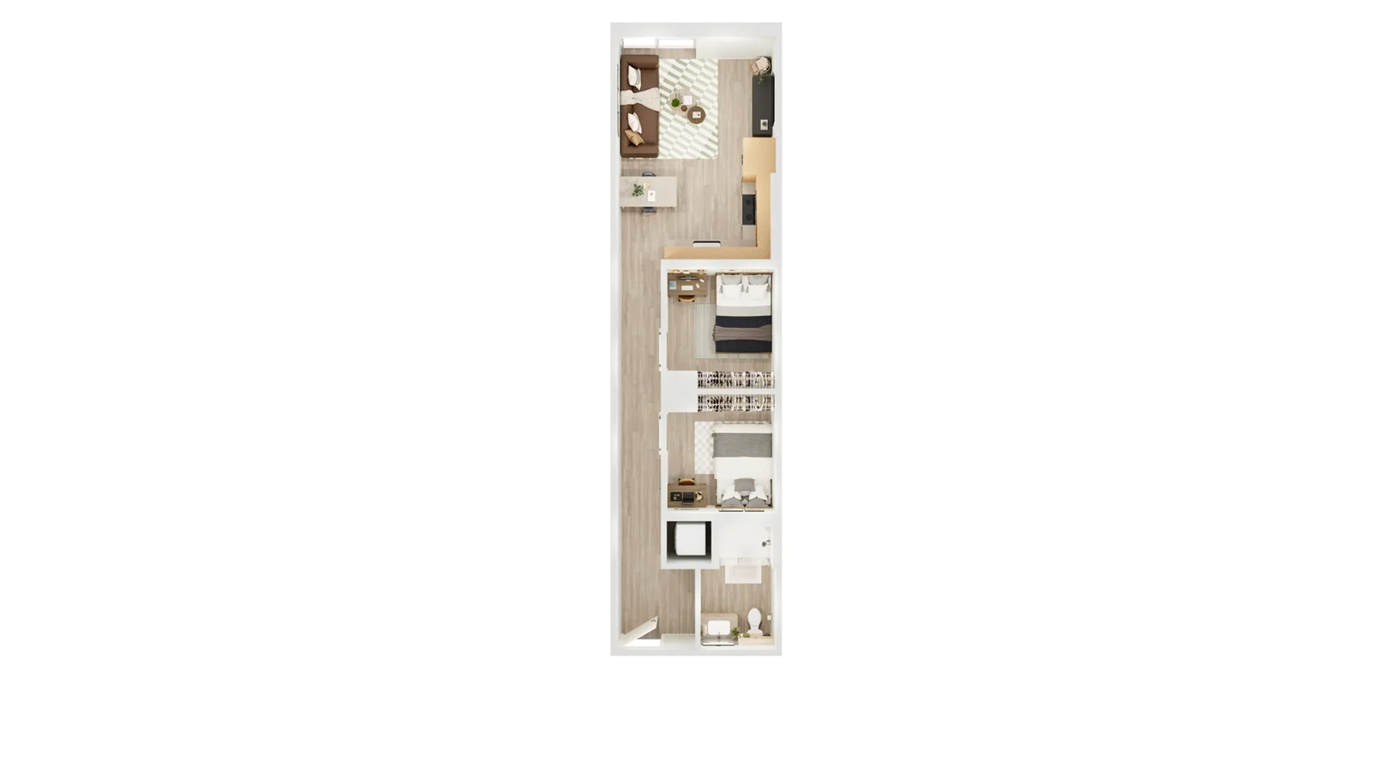 Charming floor plan featuring two cozy bedrooms, a welcoming living area, and a functional kitchen, perfect for modern living.