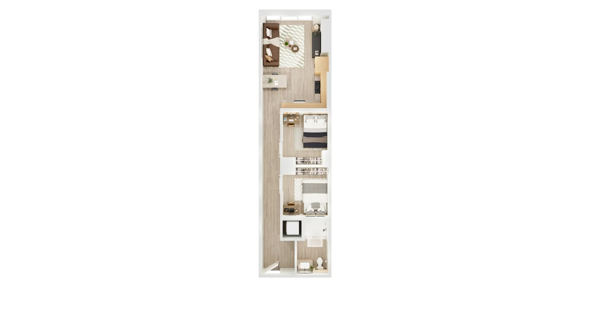 Contemporary linear floor plan showcasing 2 cozy bedrooms, inviting living area, and sleek kitchen design.