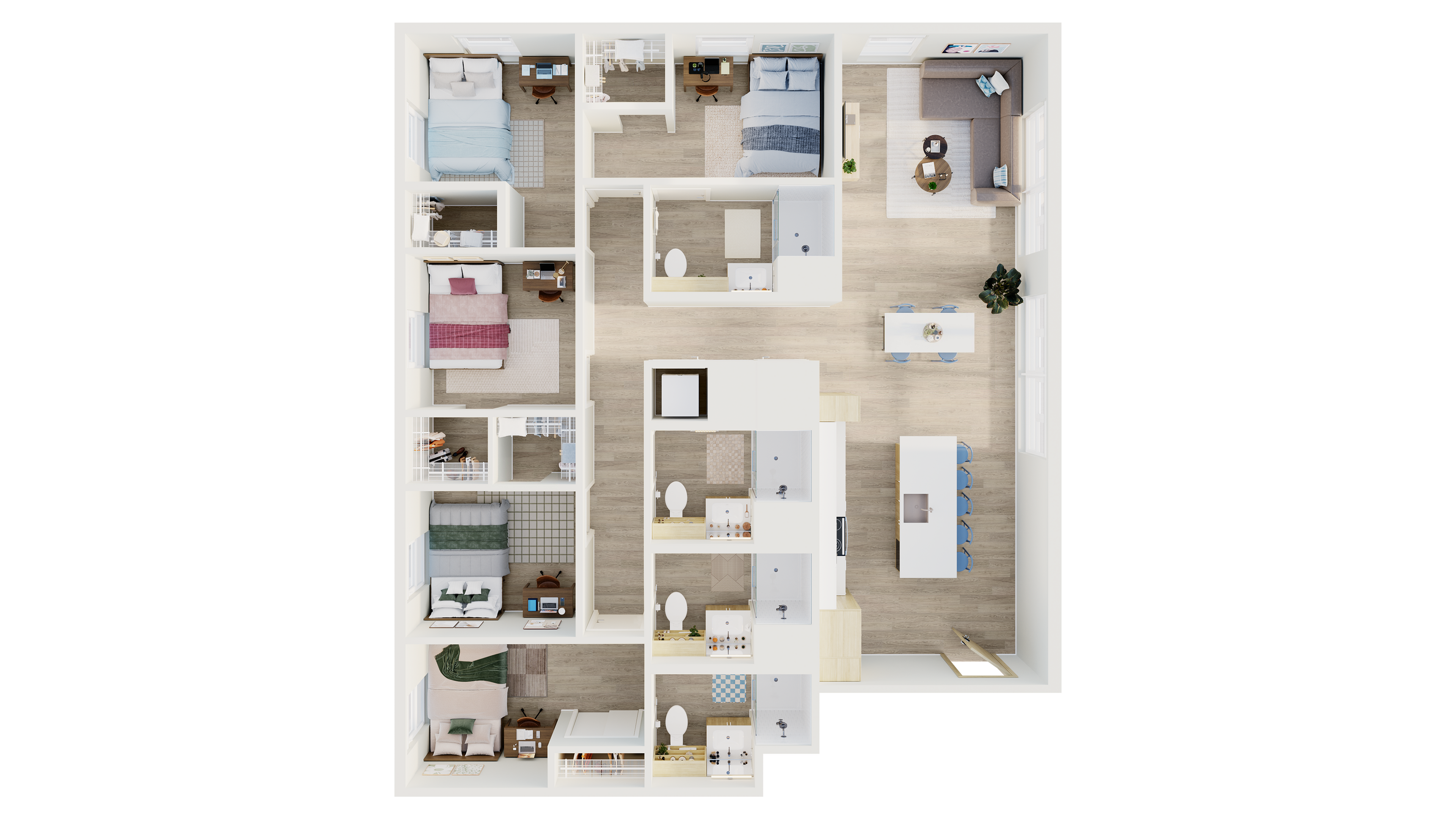 Modern 3D floor plan showcasing 4 bedrooms, 3 bathrooms, spacious open-concept living and dining area, with a sleek open kitchen design.