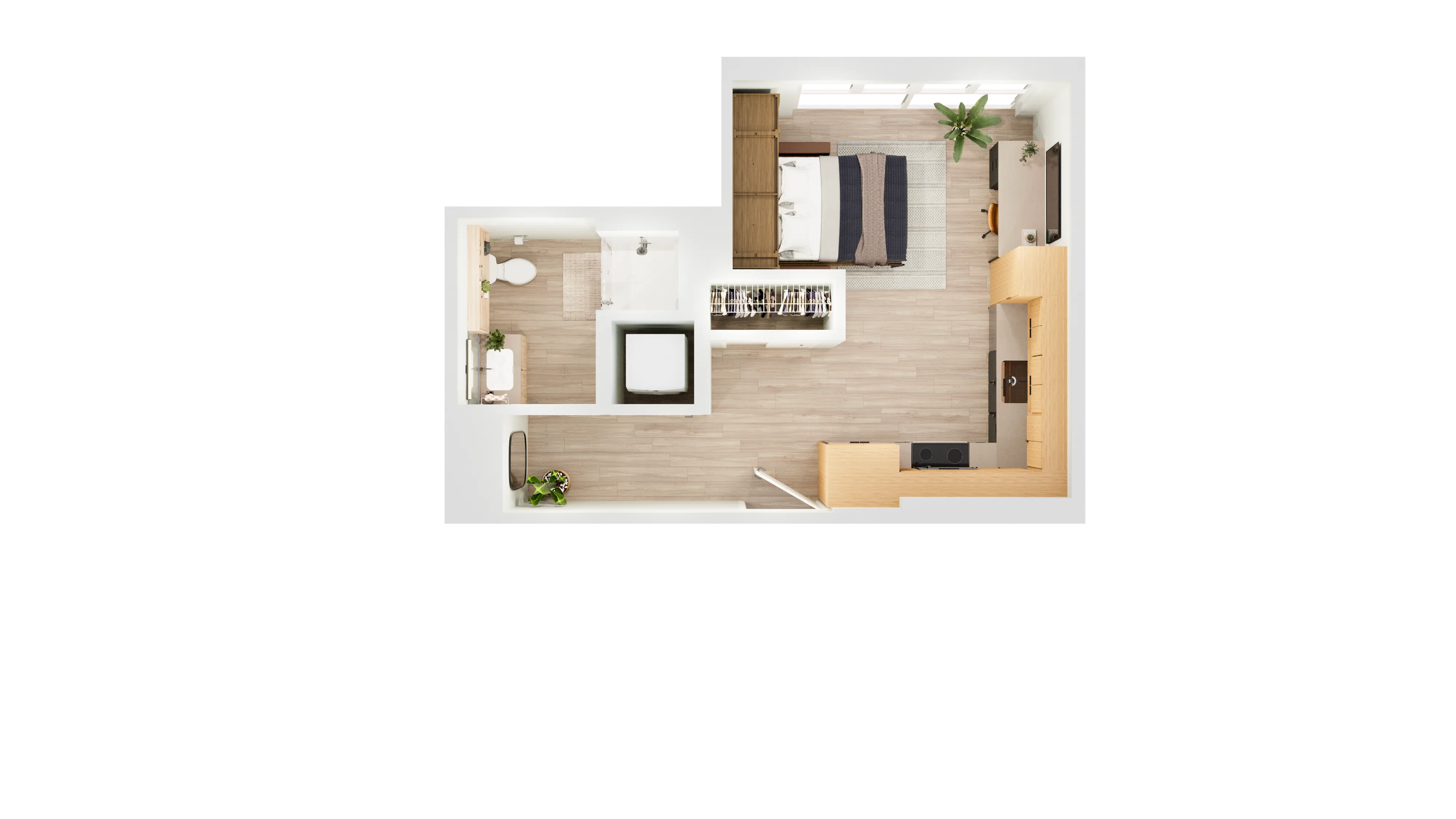 Modern 1-bedroom apartment floor plan showcasing an open-concept living area with a sleek kitchen, cozy bedroom, and stylish bathroom.