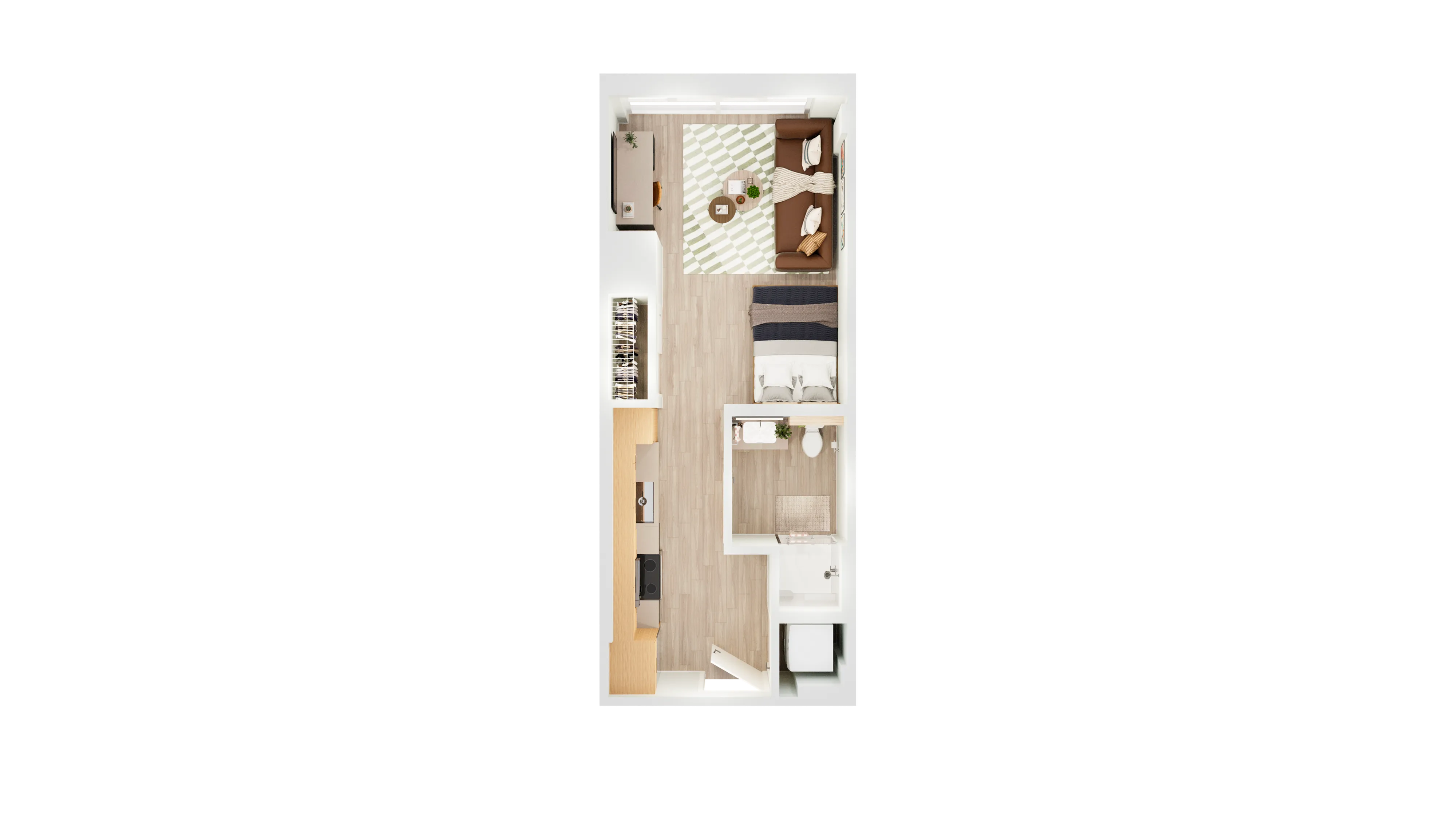 Modern studio apartment floor plan with a cozy living area, well-equipped kitchen, and stylish bedroom setting.