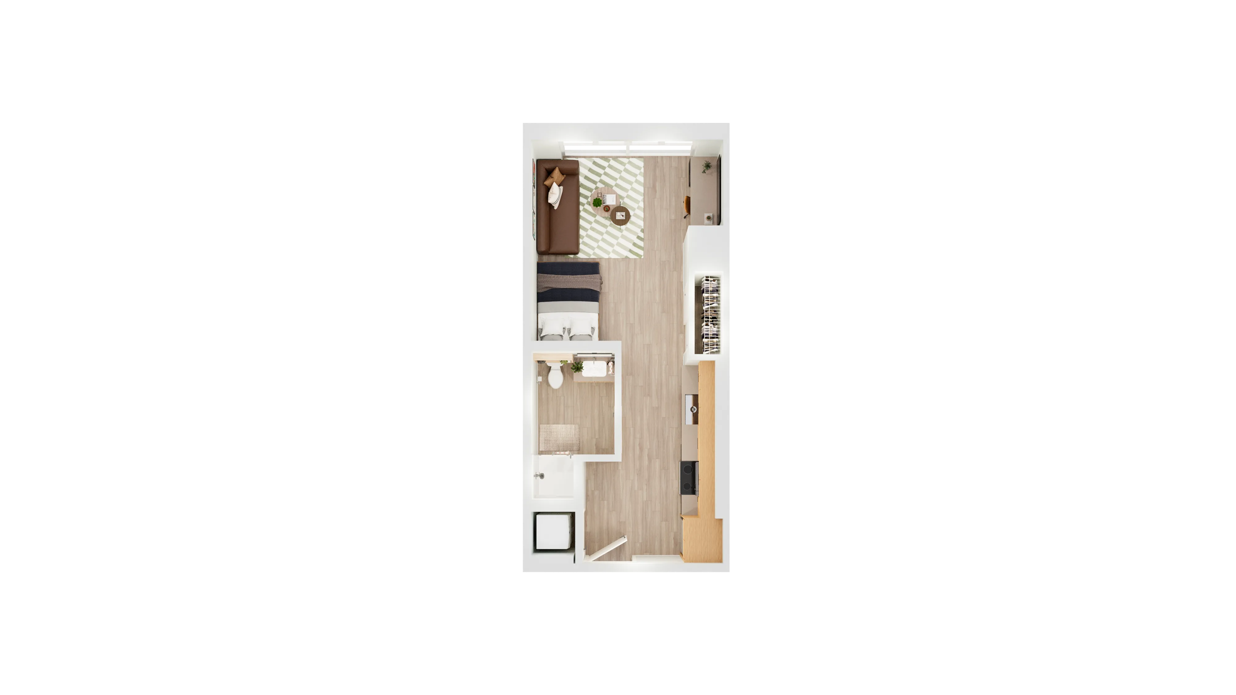 Modern studio apartment floor plan featuring open living area, cozy bedroom space, compact kitchen, and a sleek bathroom.