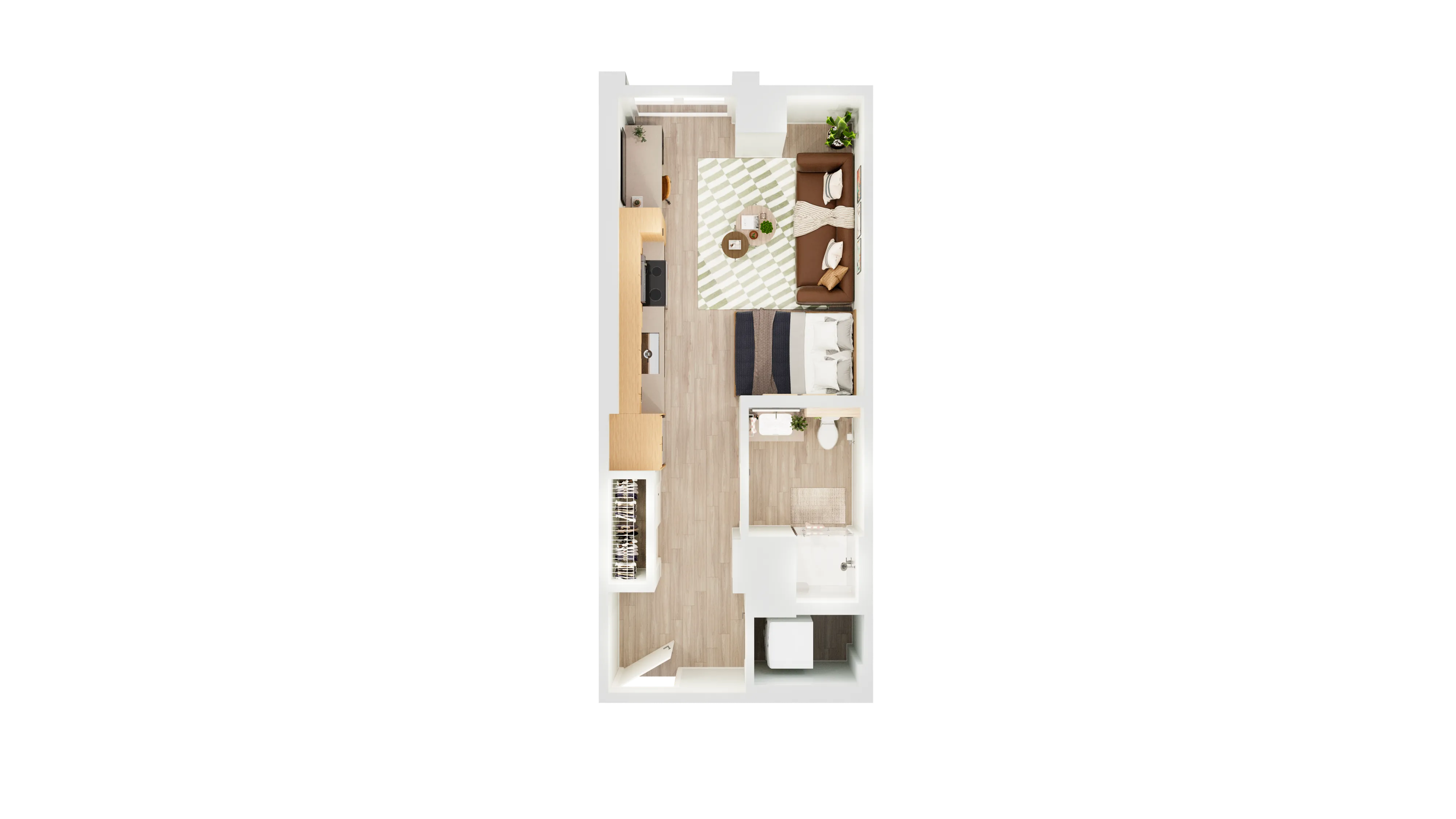 Modern studio apartment floor plan featuring open living space, cozy kitchenette, spacious closet, and sleek bathroom.