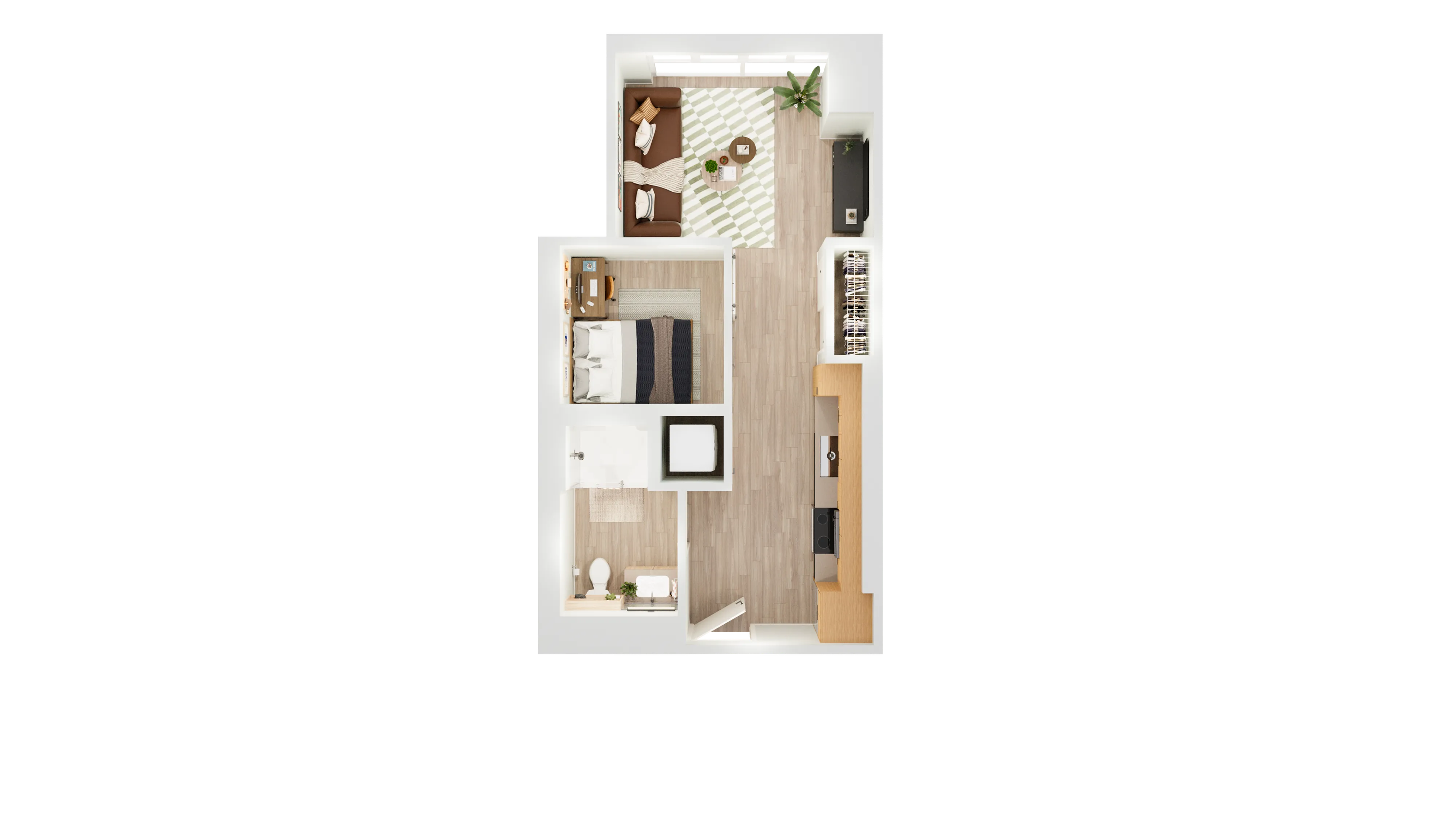 Sleek 1-bedroom apartment floor plan featuring a cozy living area, modern kitchen, and elegant bathroom.