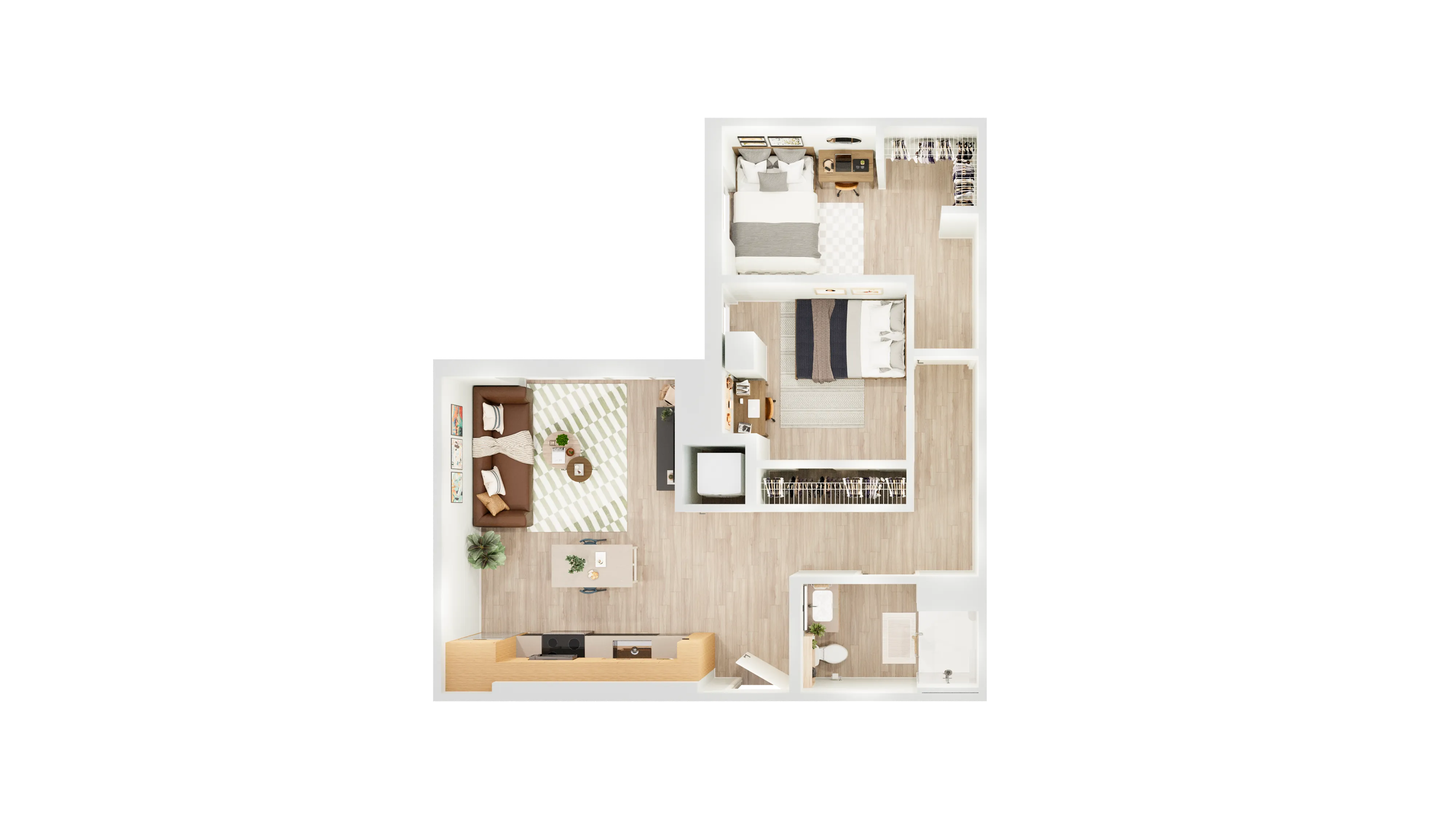 Modern floor plan featuring 2 bedrooms, a cozy living room, and a sleek kitchen with open layout.