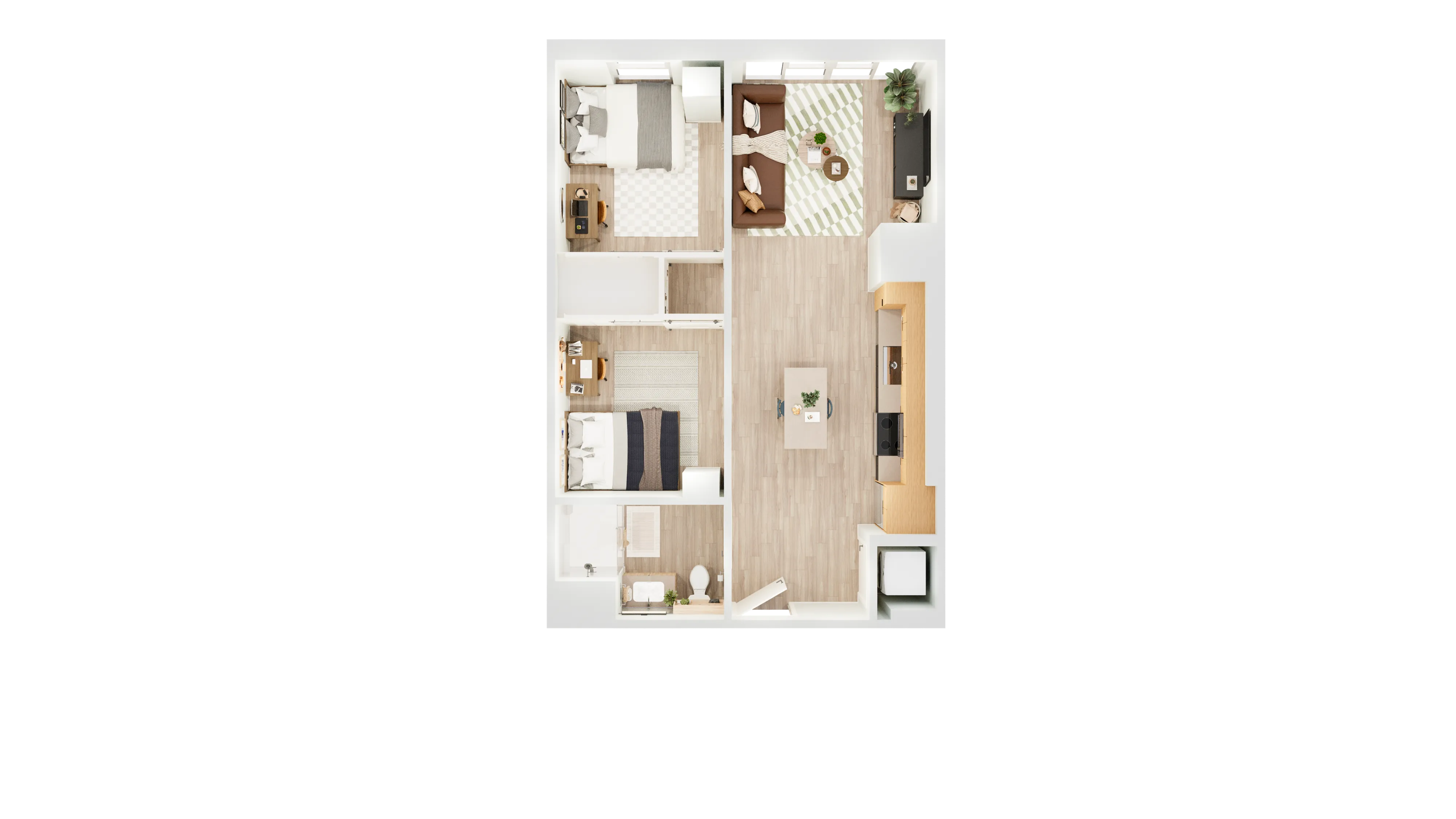 Modern 2D floor plan showcasing spacious living area with 2 bedrooms, cozy lounge, and sleek kitchen design.