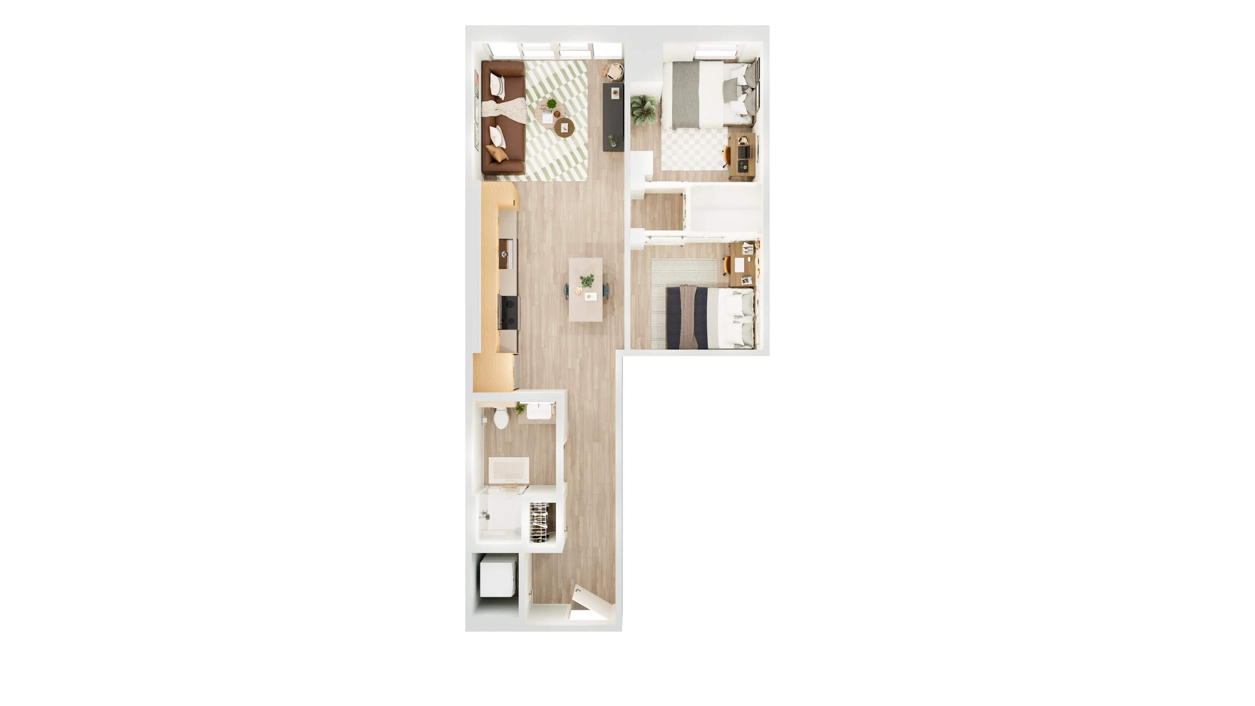 Contemporary 3D floor plan with two cozy bedrooms, elegant living room, modern kitchen, and sleek bathroom layout.