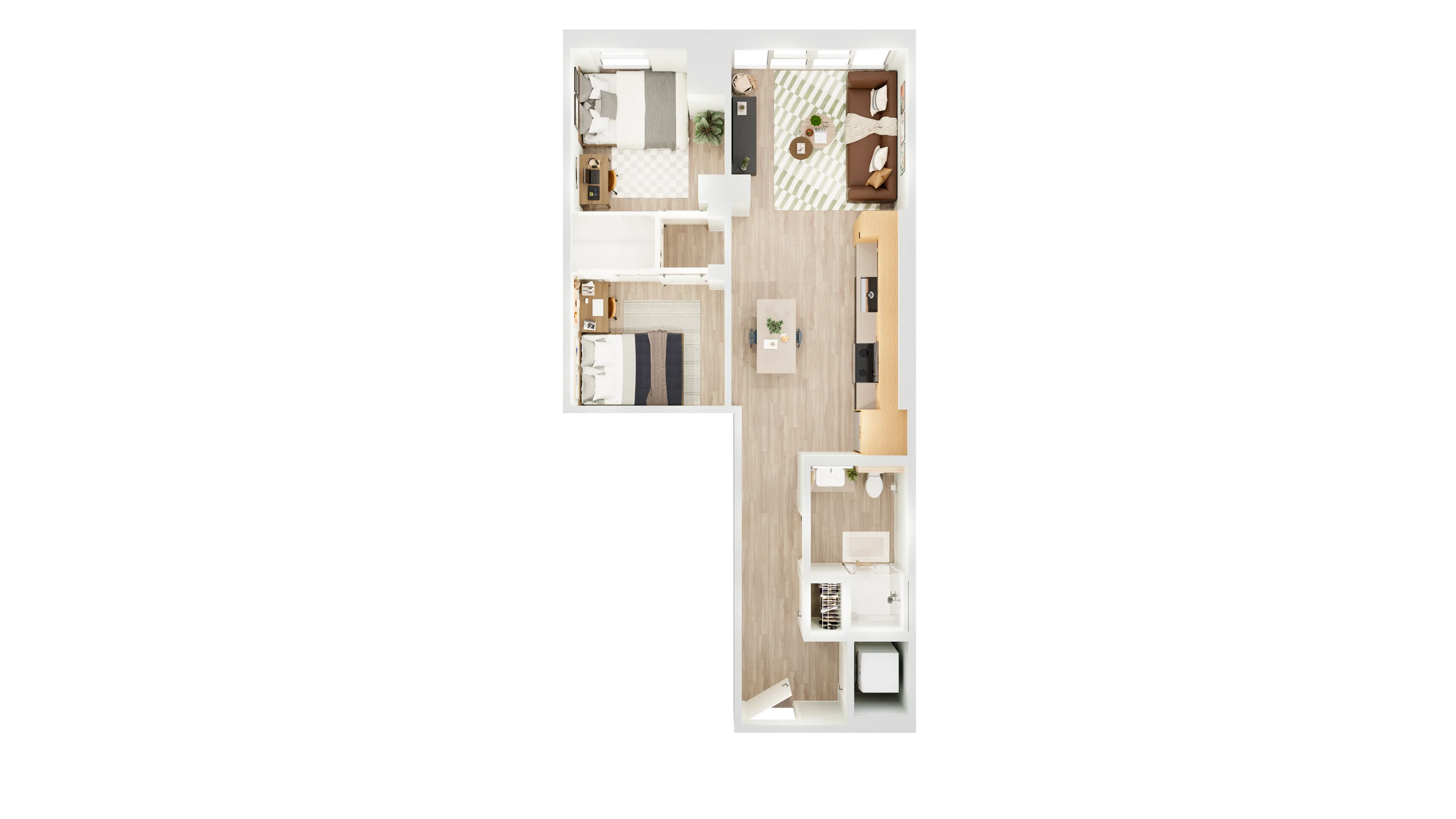 Modern floor plan displaying an inviting open-concept living area, two cozy bedrooms, a sleek kitchen, and a well-appointed bathroom.