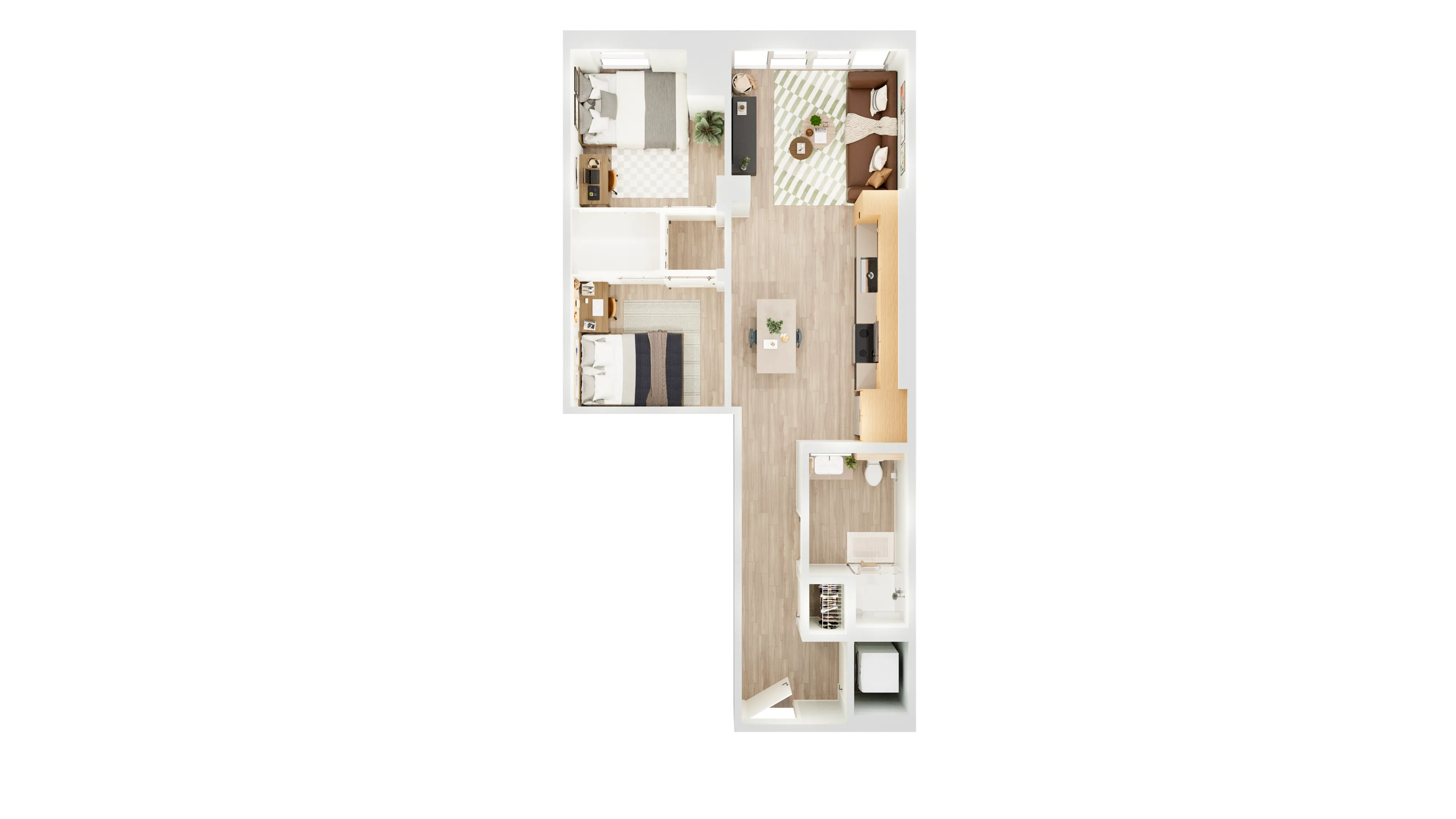 Modern floor plan showcasing 2 bedrooms, a chic living area, and an open kitchen design with natural lighting.